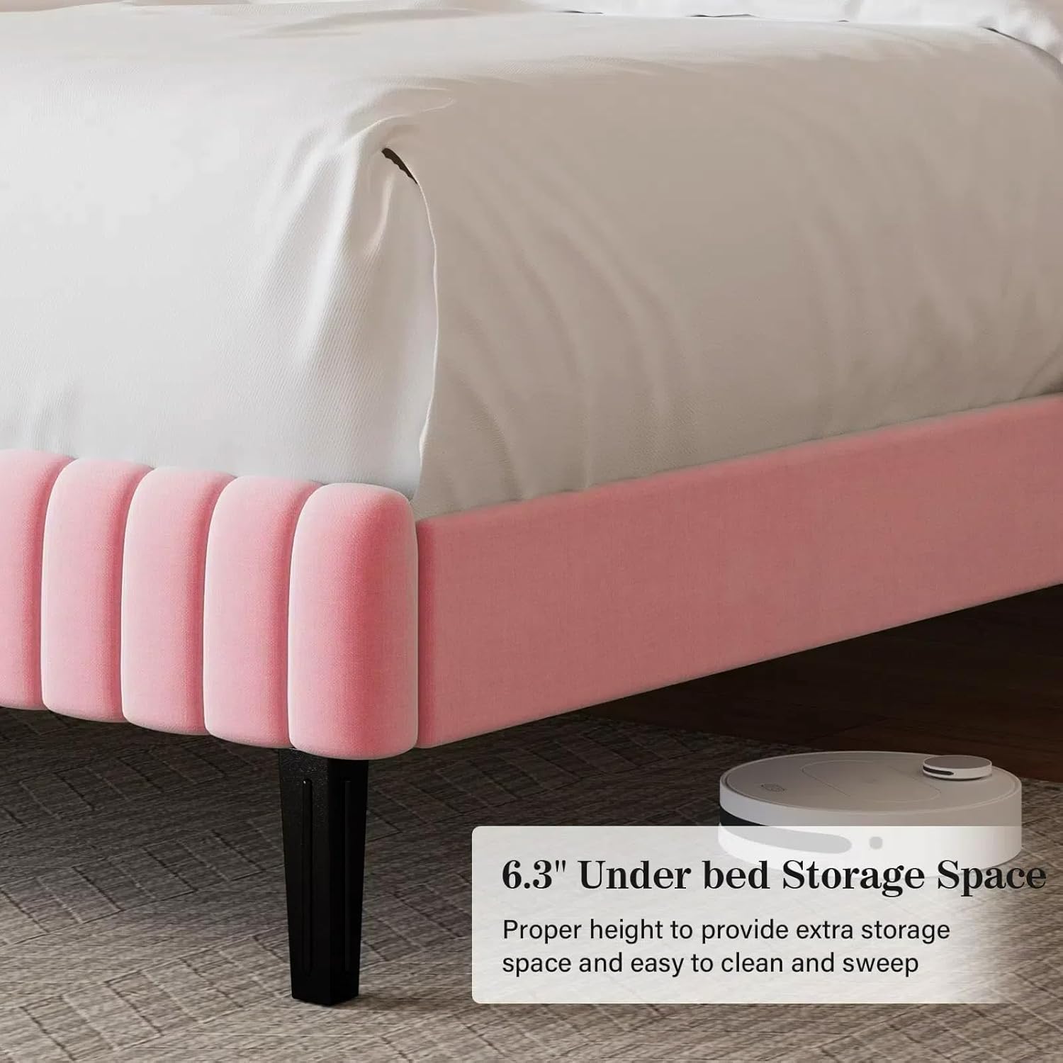 BarnFurin King Size Bed Frame with Adjustable Headboard, Velvet Upholstered Platform Bed with Vertical Channel Tufted Design, No Box Spring Required, Easy Assembly, Pink