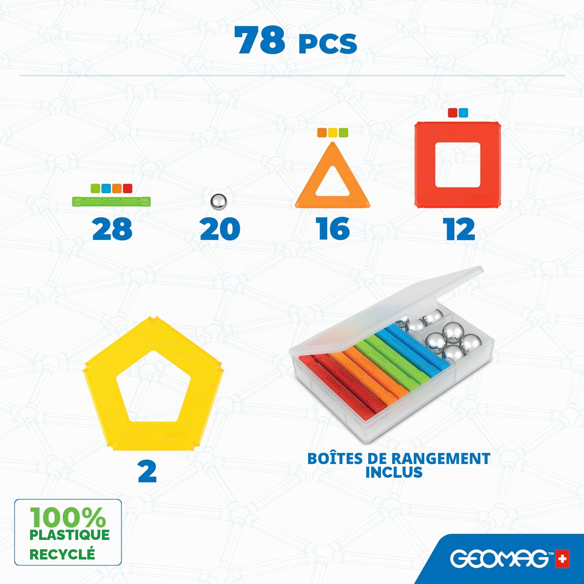 Geomag - Supercolor Blocs de Constructions Magnétiques pour Enfants, Jeu et Jouet en Forme de Cube, Green Collection 100% Plastique Recyclé, 78 pièces