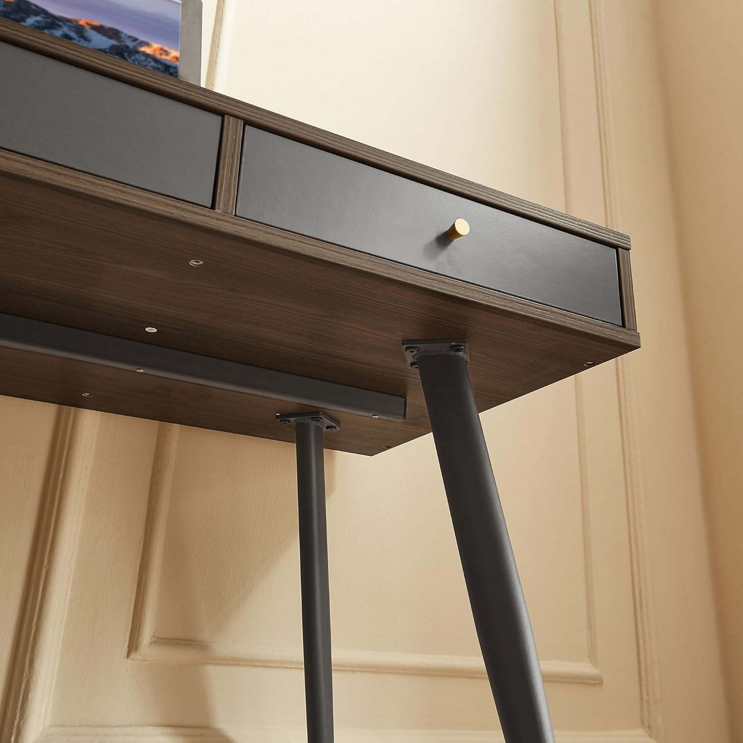 Mid Century Desk with Drawers Modern Walnut and Dark Grey Computer Desk for Home Office Study Bedroom Writing Desk MDF Workstation