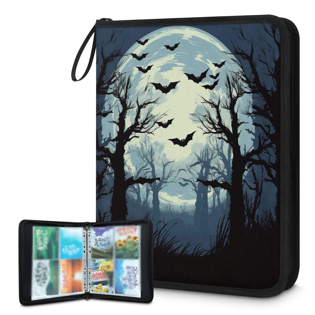 Raccoglitore per carte collezionabili con 4 tasche, motivo pipistrelli di Halloween, con maniche rimovibili, impermeabile, con cerniera, 50 pagine, capacità 400 carte