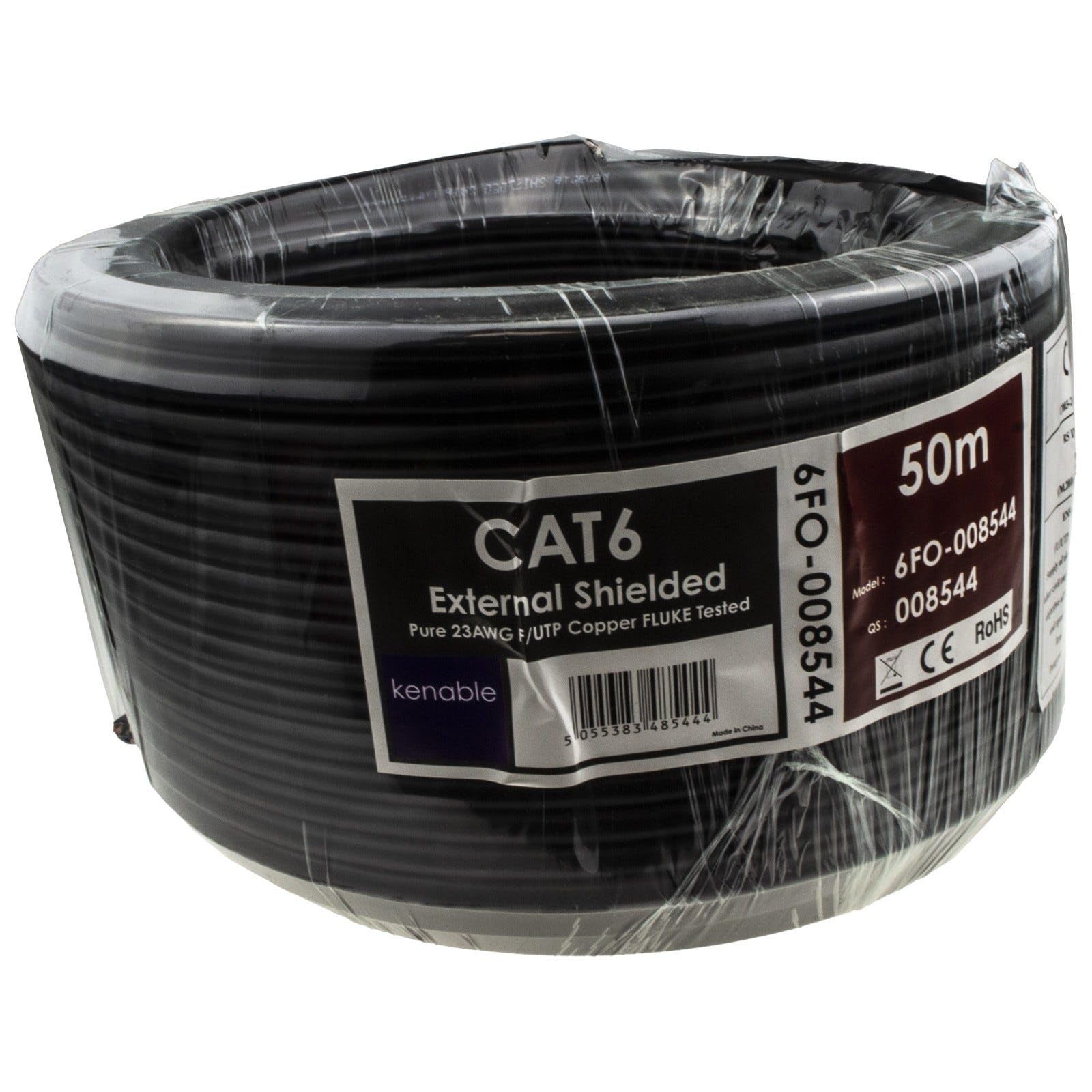 kenable Cable Ethernet Cat6 F/UTP Exterior COBRE Apantallado con Bobina para Uso Exterior Subterráneo Resistente UV 50m Negro