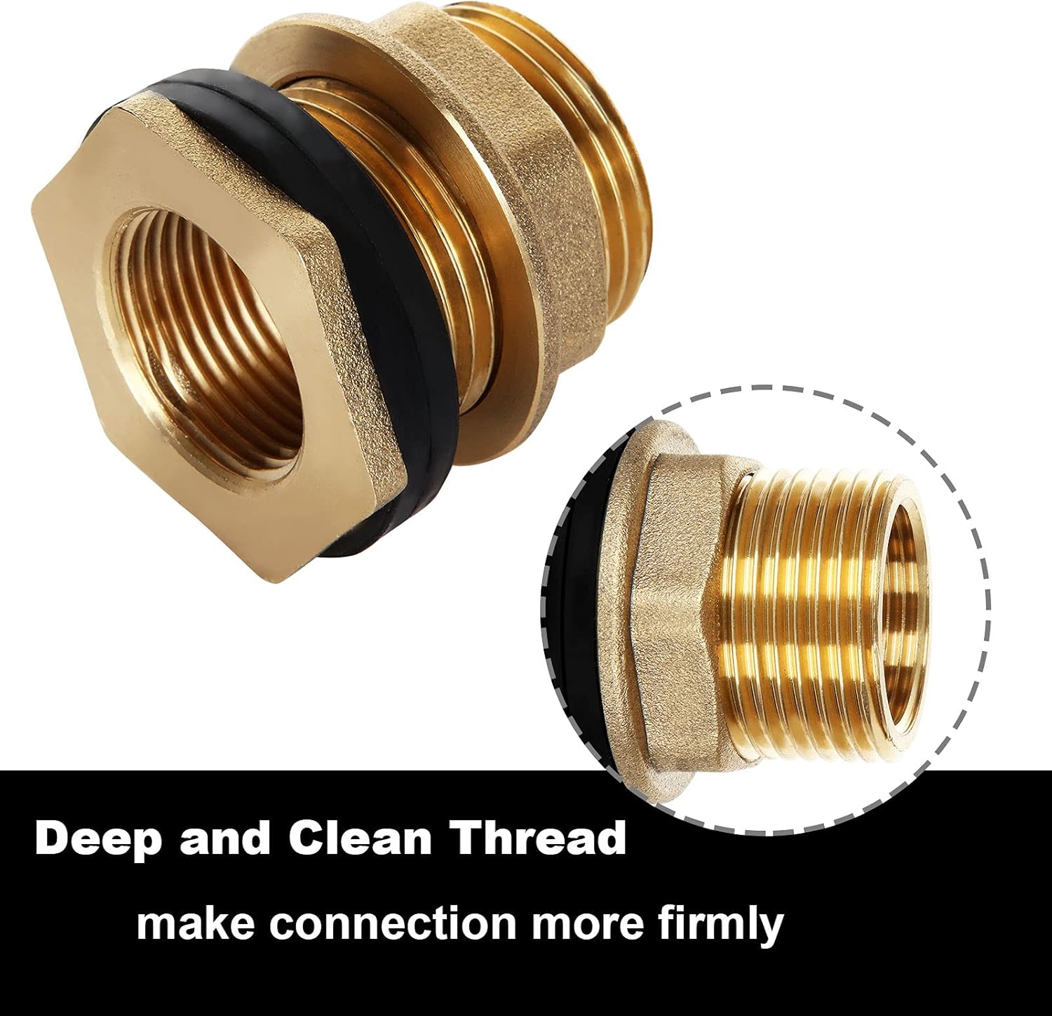 3 Pack Brass Bulkhead Fitting, 3/4" Female 1" Male Garden Hose Straight Threaded with Rubber Ring, Water Tank Connector Threaded Bulkhead Fitting for Aquariums Tubs Pools Spigot Rain Barrels