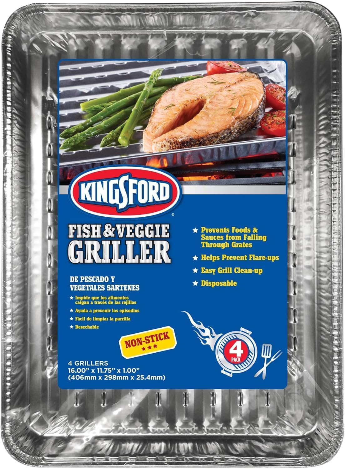 Kingsford Fish & Veggie Grill Liners, Nonstick Aluminum Griller Pans for BBQ, Helps Keep Food from Falling Through Grates, Disposable Heat-Safe Grill Accessories, 16" x 11.75", 4 Count - 6 Pack