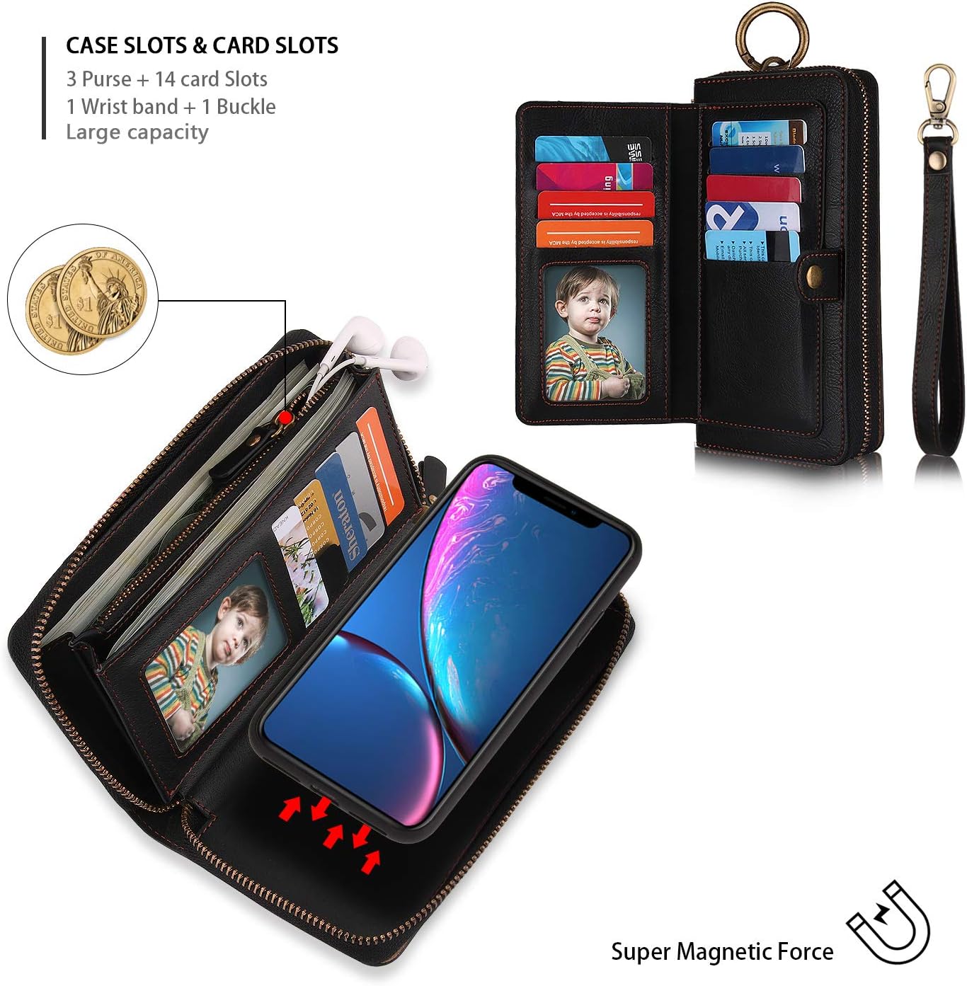 Black Friday Sale 2022 XRPow iPhone XR Wallet Case, 2-in-1 Multi-Functional Magnetic Detachable Wallet Zipper Purse Clutch iPhone XR Slim Shock Cover Flip Credit Card Protective Case 6.1 with Wrist Strap - Black