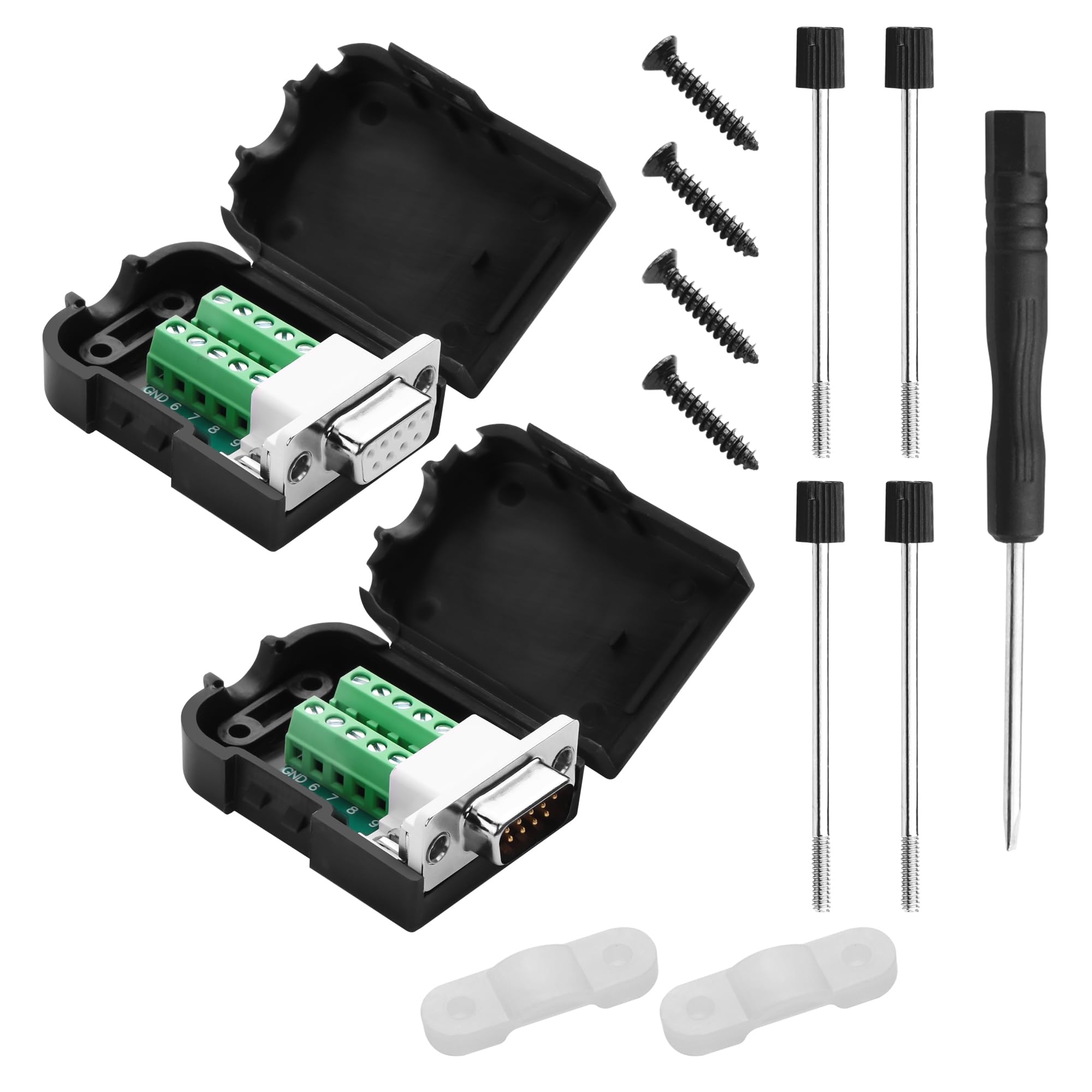 YACSEJAO 1 Paar DB9 Breakout-Stecker RS232 D-SUB 9-Pin Port männlich+weiblich Serieller lötfreier Adapter Terminalstecker Signalmodul mit Gehäuse (A, Lange Bolzen)