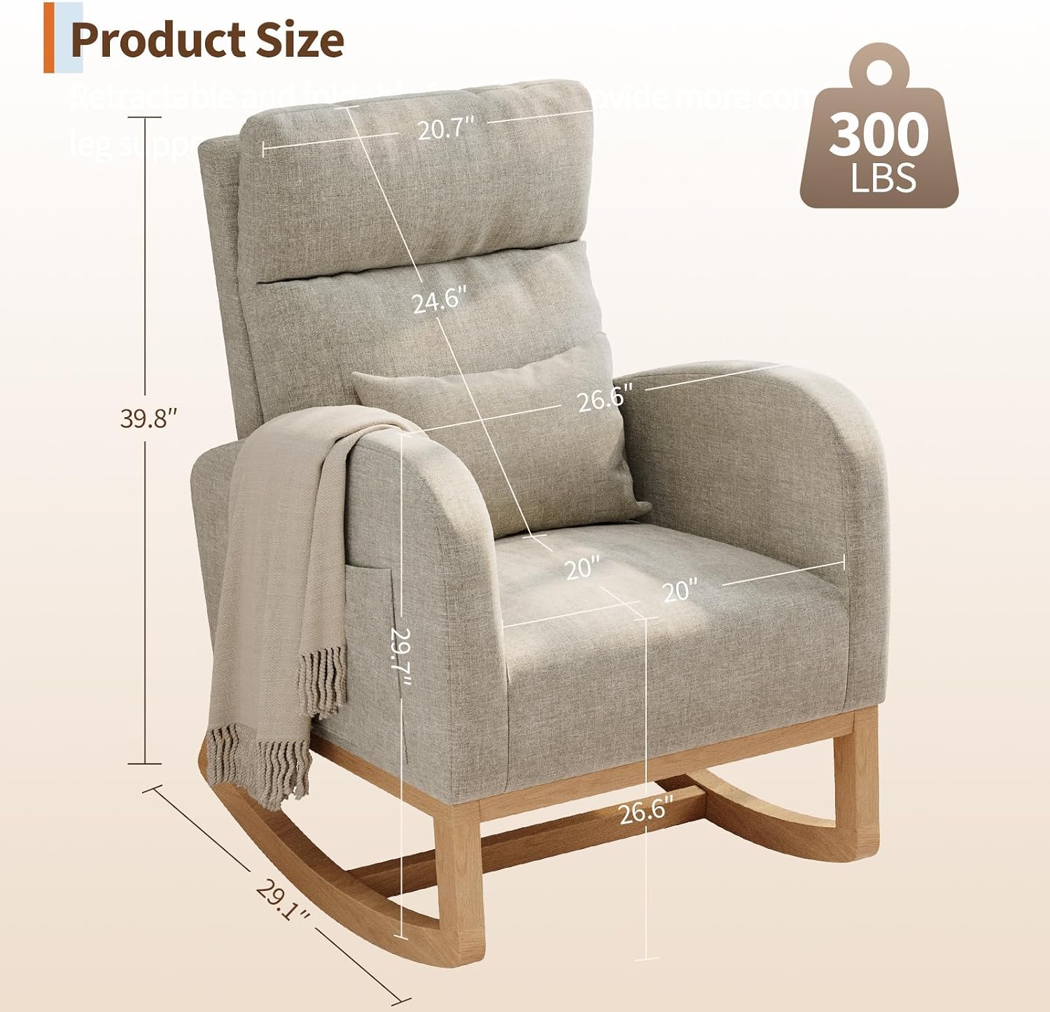 Modern Linen Rocking Chair - Comfortable Glider Armchair with Pillow & Side Pockets - Chair for Nursery, Living Room or Bedroom - Light Gray Linen Without Footrest
