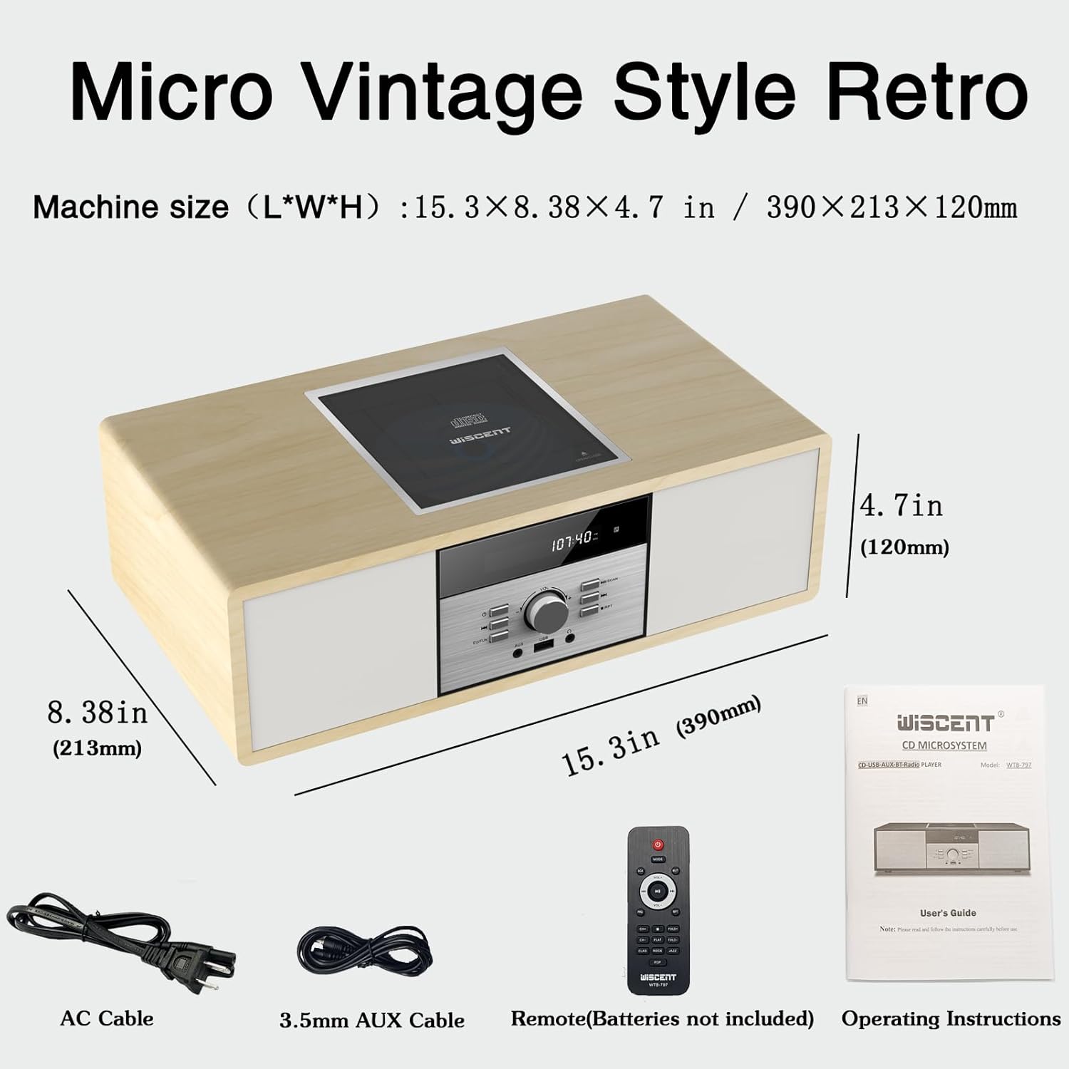 WISCENT Vintage Micro HiFi Stereo System with a USB drive inserted into the front USB port, indicating USB playback functionality.