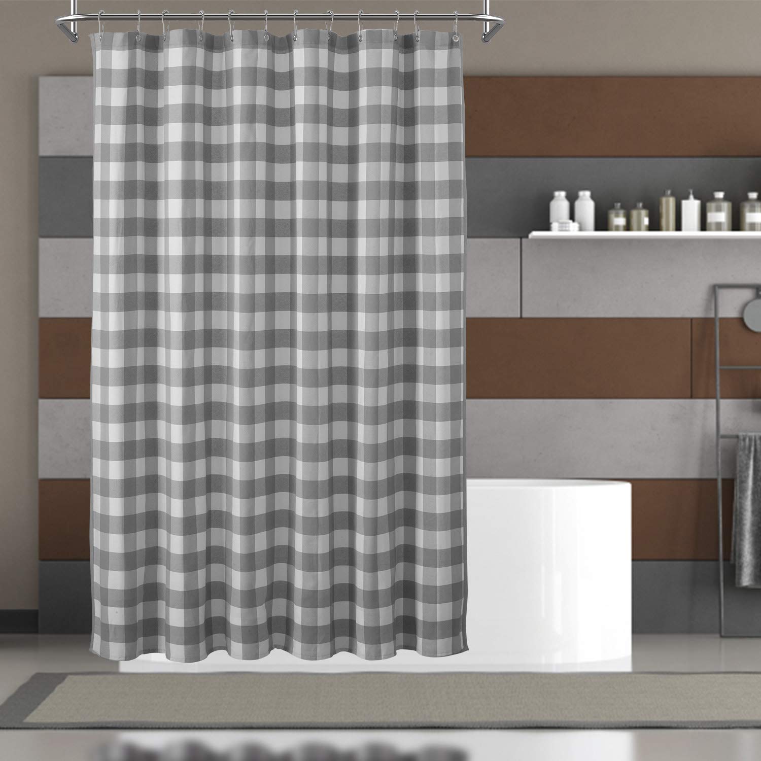 Barossa Design Buffalo Check Shower Curtain: Cotton Blend Plaid Woven Texture & Machine Washable, Water-Repellent, Rustic Farmhouse Style for Bathroom - Gray and White, 72x72 Inch