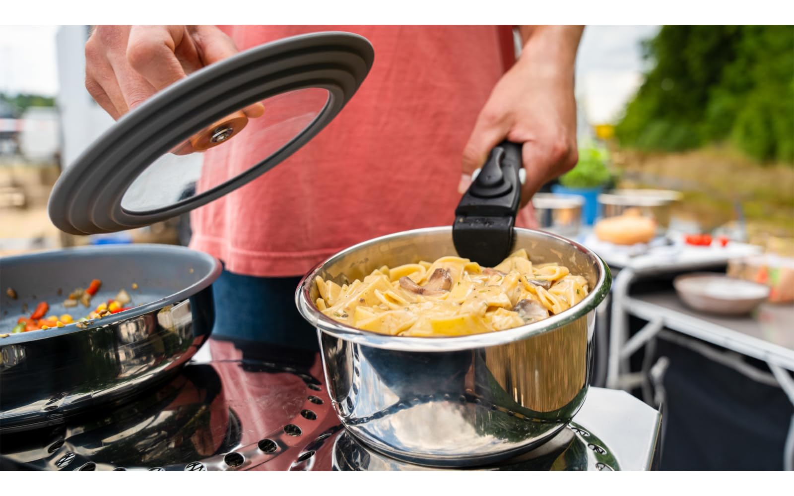 BERGER BlueOak Topfset Induktion 6-TLG. | stapelbares Kochtopf Set mit Pfanne, Glasdeckel & Pfannengriff | Induktions Töpfe Set aus Edelstahl geeignet für Camping & Küche