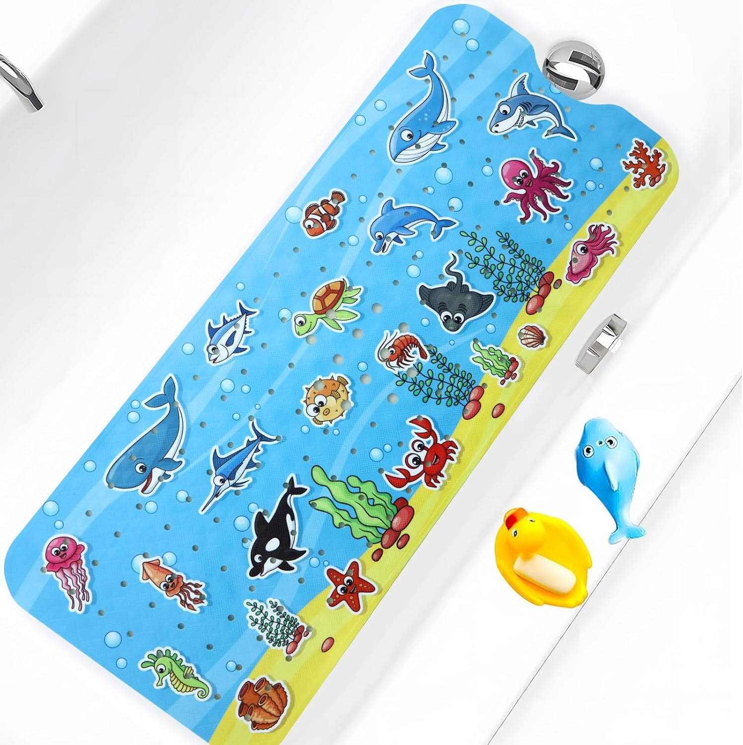 Bath Mat for Tub Non Slip Baby Kids Bathtub Mat Extra Long 40X16 Inch Toddler Shower Mat Anti Slip with Suction Cups & Drain Holes, Machine Washable,Duck