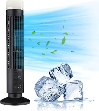 Tower Fan for Bedroom Mini Portable Standing Desk Fan with LED Light 2 Speed Wind & 2 Brightness Adjustable Personal Quiet Bladeless Cooling Fan for Home Office Kitchen Small Space Black