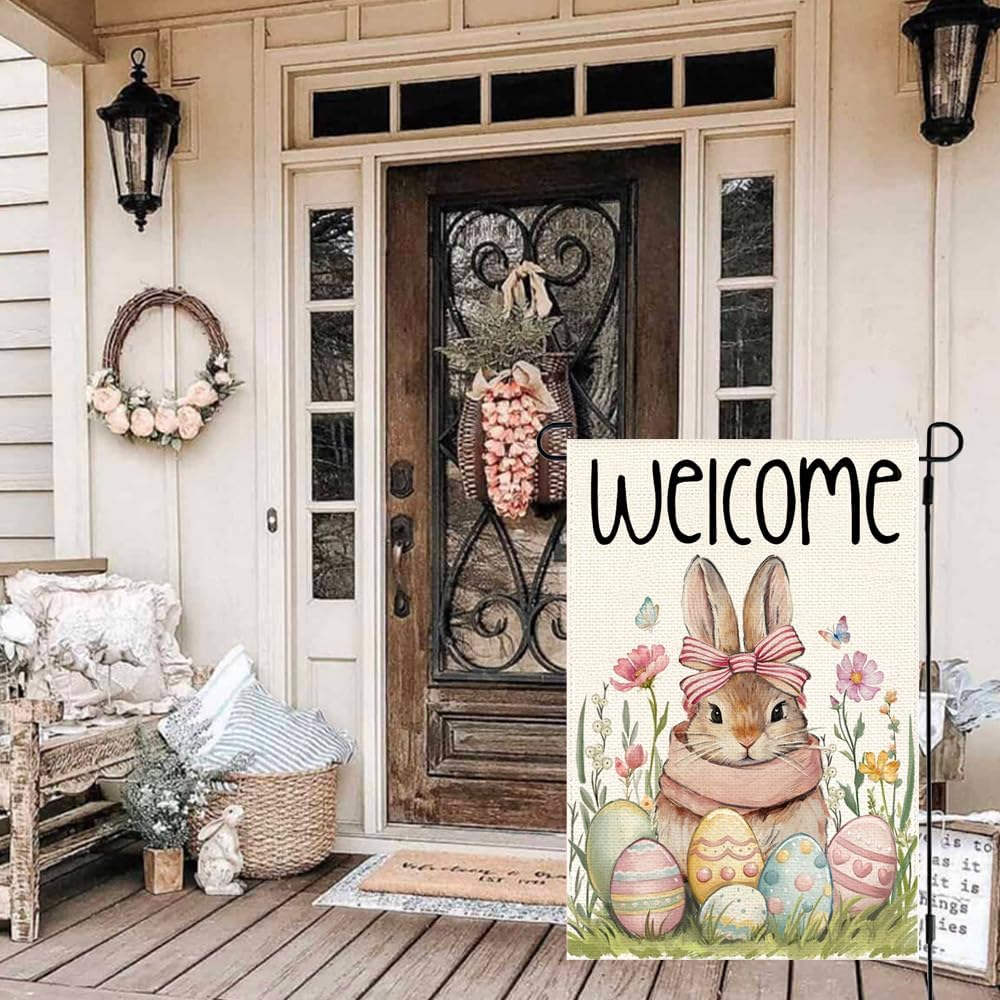 RABUSOFA Easter Bunny Garden Flag 12x18 Inch Double Sided for Outside,Welcome Rabbit Eggs Floral Spring Holiday Decoration for Outdoor Small Yard Lawn Flags - Image 7