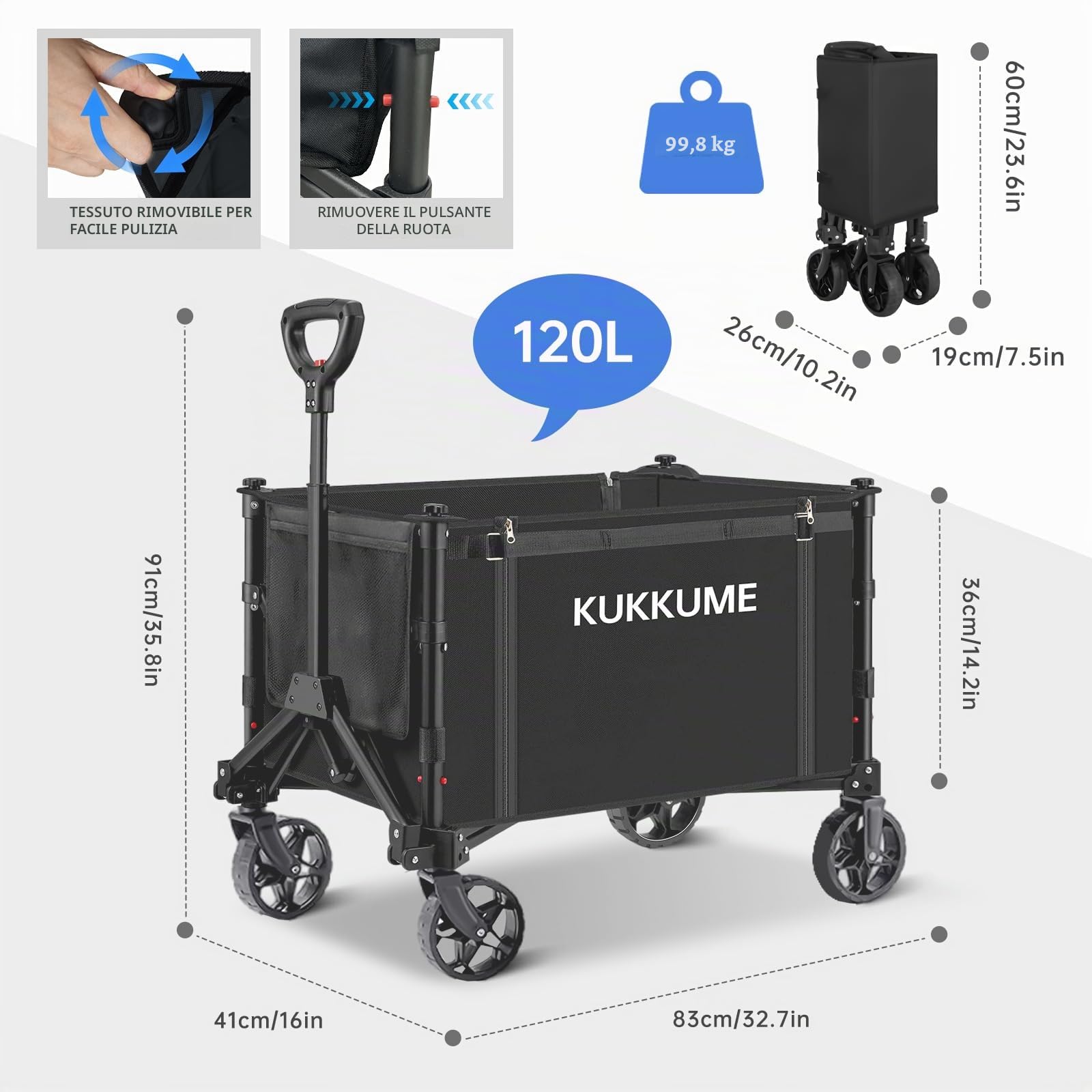 Carrello Pieghevole 3 in 1 con Ruote Portatutto Spiaggia 120 L 100 KG Carrello Campeggio Portatile con Strisce Riflettenti e Manico Regolabile per Giardino Sport Shopping Campeggio Nero