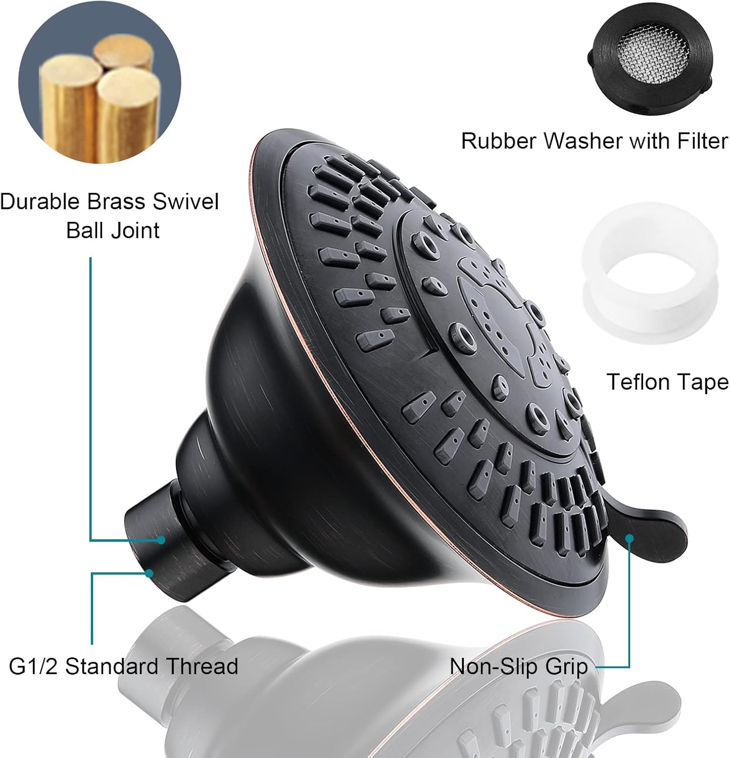 BRIGHT SHOWERS 5 Spray Setting Fixed Shower head High Pressure Rain Showerhead and Matching 5 Inch Universal Shower Head Extension Arm and 6 Inch Brass Shower Arm with Flange Shower Pipe