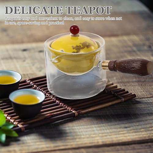 Miniatura 5 de Tetera de vidrio - Tetera de cerámica con rotación giratoria de 360 grados, dispensador de té Kungfu, diseño chino vintage, tetera con mango lateral
