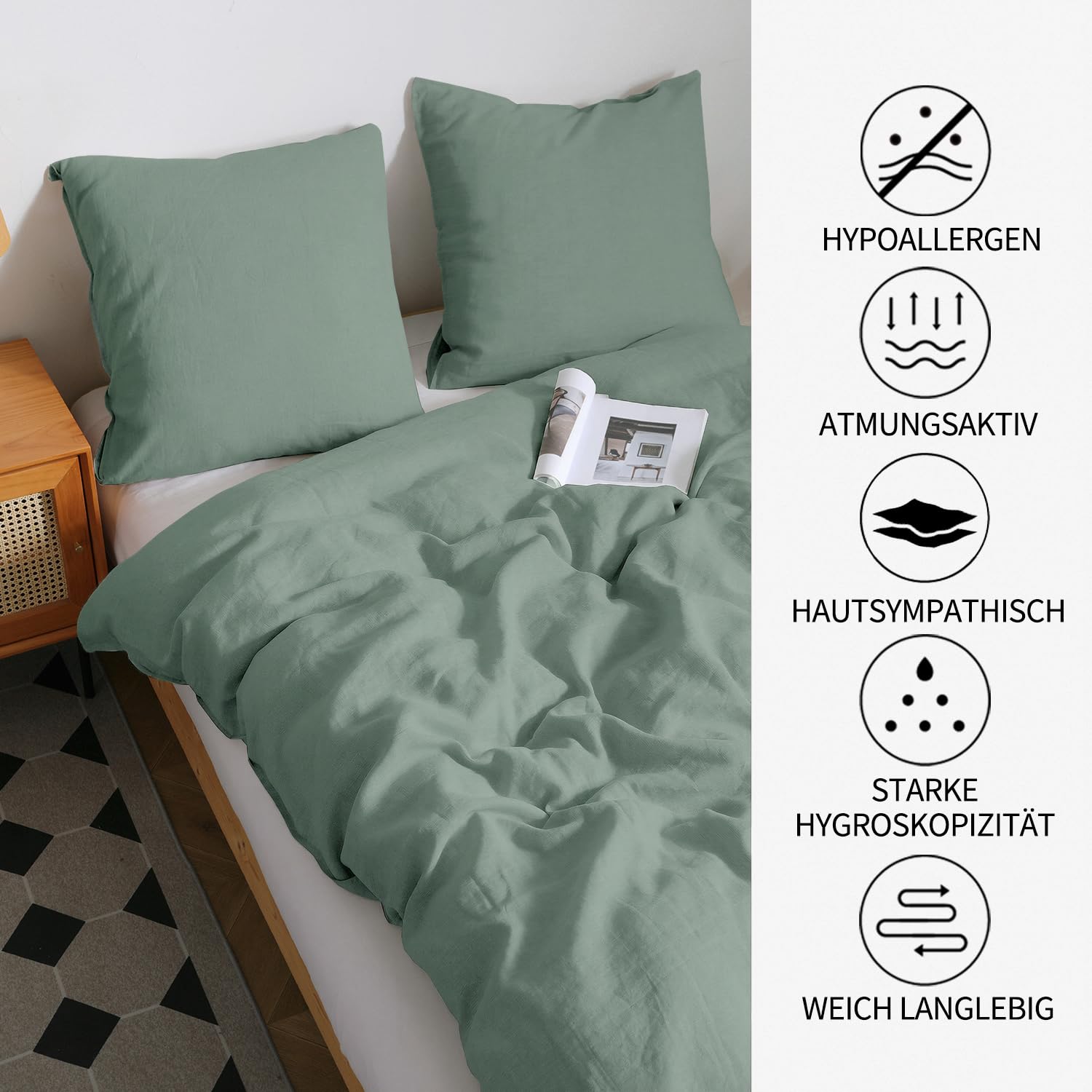 CHUFFED Ropa de cama de lino de 135 x 200 cm, 2 piezas, 100 % lino natural, 1 funda nórdica de 135 x 200 cm y 1 funda de almohada de 80 x 80 cm con cremallera, suave transpirable, color verde salvia