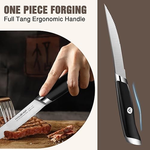 Miniatura 4 de HAUSHOF Juego de 4 cuchillos para carne, acero inoxidable alemán de alta calidad con caja de regalo, diseño de espiga completa con mango ergonómico,