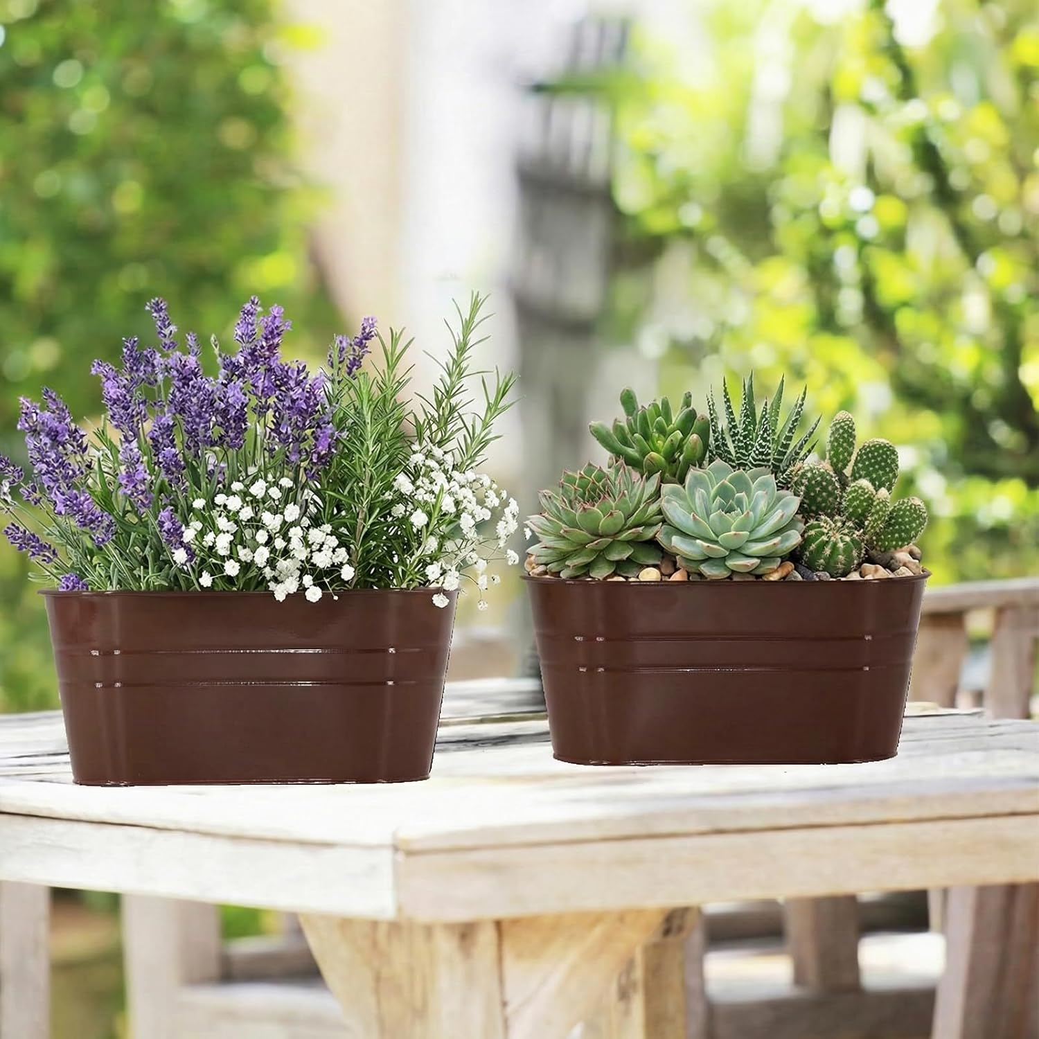 3 Pack Metal Railing Planters, 10.5" Oval Hanging Flower Pots with Detachable Hooks & Drainage Holes, Fits Rails up to 2.36", Galvanized Iron Fence Bucket for Balcony Garden Patio - Chocolate