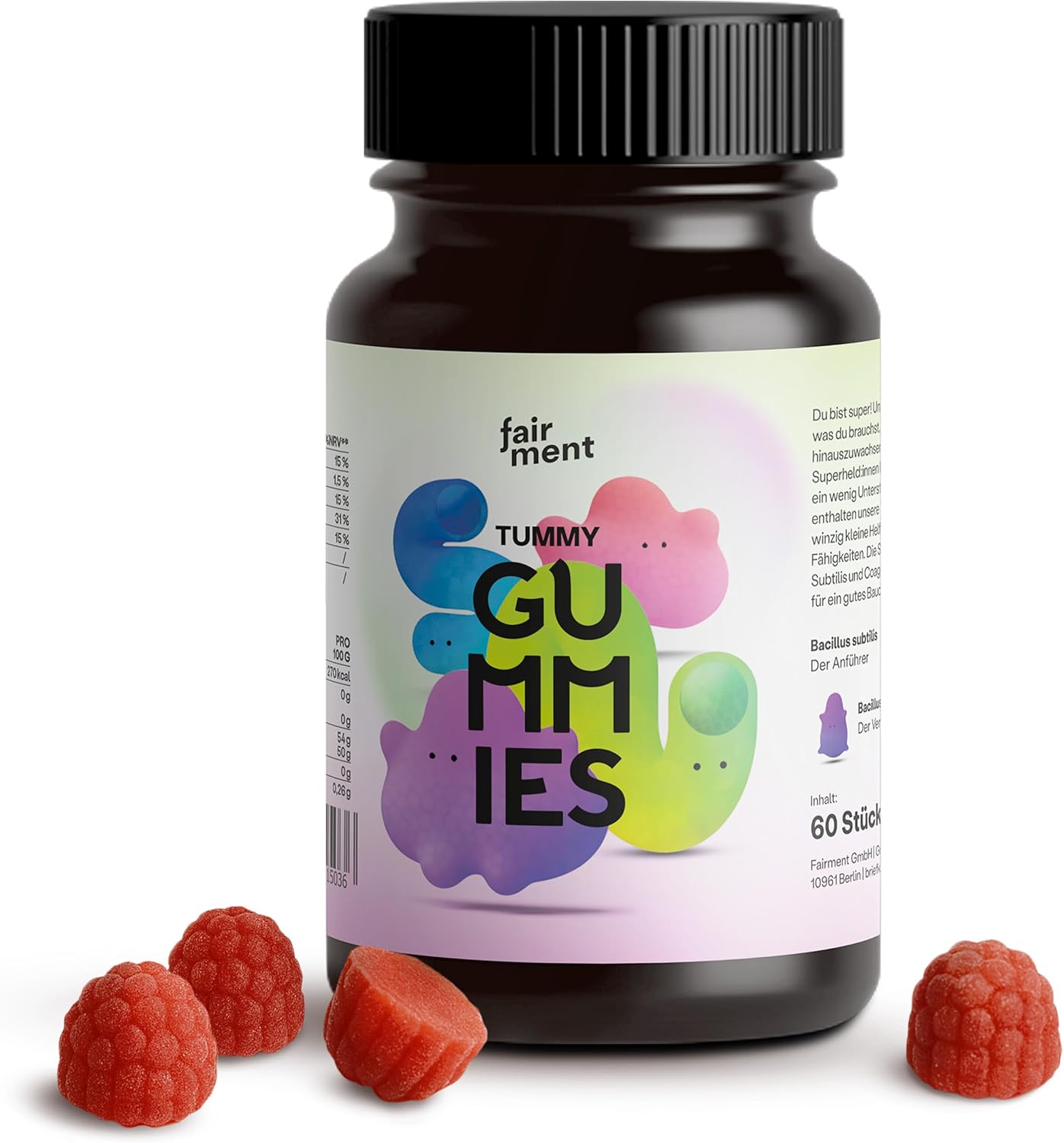 fairment Tummy Gummies Gummibärchen mit probiotischen Kulturen Bacillus subtilis und Bacillus coagulans mit Magnesium, Zink, Vitamin B2 und B12-60 Gummies