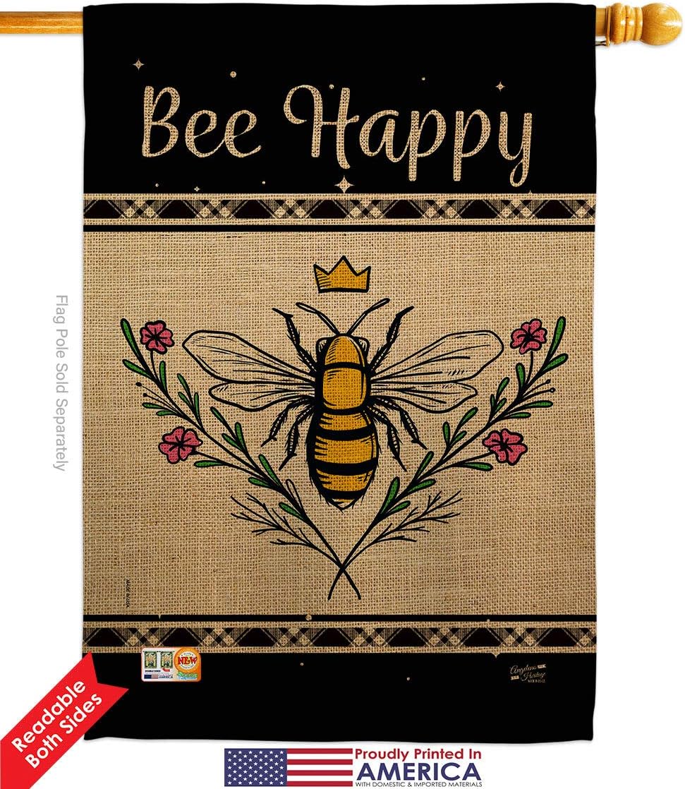 Queen Bee Happy House Flag Garden Friends Butterfly Ladybugs Dragonfly Springtime Insect Natural Wildlife Small Decorative Gift Yard Banner Double-Sided Made In USA 28 X 40