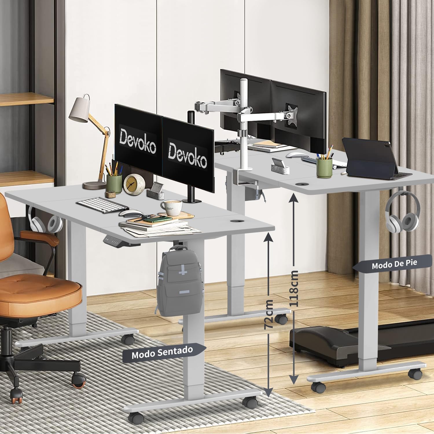 Illustration showing the desk in sitting mode (72cm height) and standing mode (118cm height), demonstrating the adjustable height range.