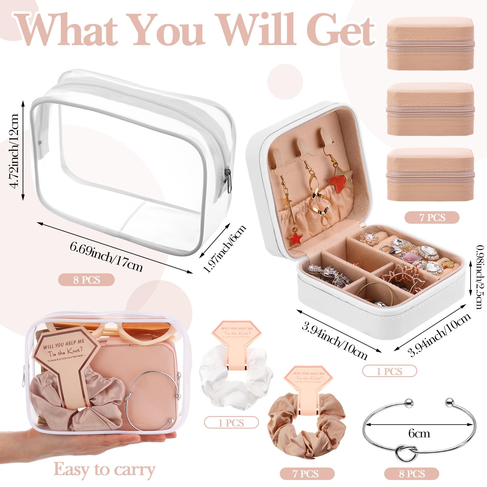 FoldTier 56 Pcs Bridesmaid Proposal Gifts Maid Gifts Clear Cosmetic Bags Jewelry Storage Boxes Hair Clip Hair Scrunchies Heart Shaped Sunglasses Bracelet Powder Puffs for Wedding(Champagne)
