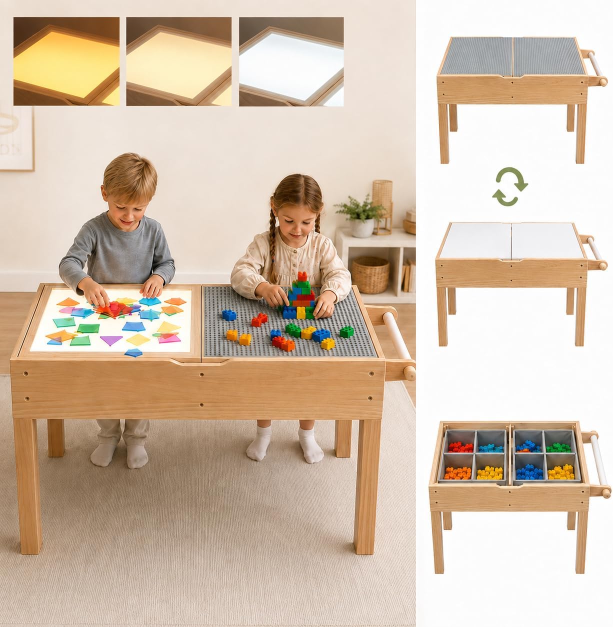 5 in1 Wooden Kids Sensory Light Table with Paper Roll Holder Storage Bins