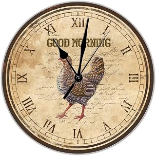 Good Morning Chicken PVC Wall Clocks French Rooster Round Clock Battery Operated Silent Quartz 12 inch Rustic Farmhouse Decoration for Living Room Home Coffee Corner Cafe Shop