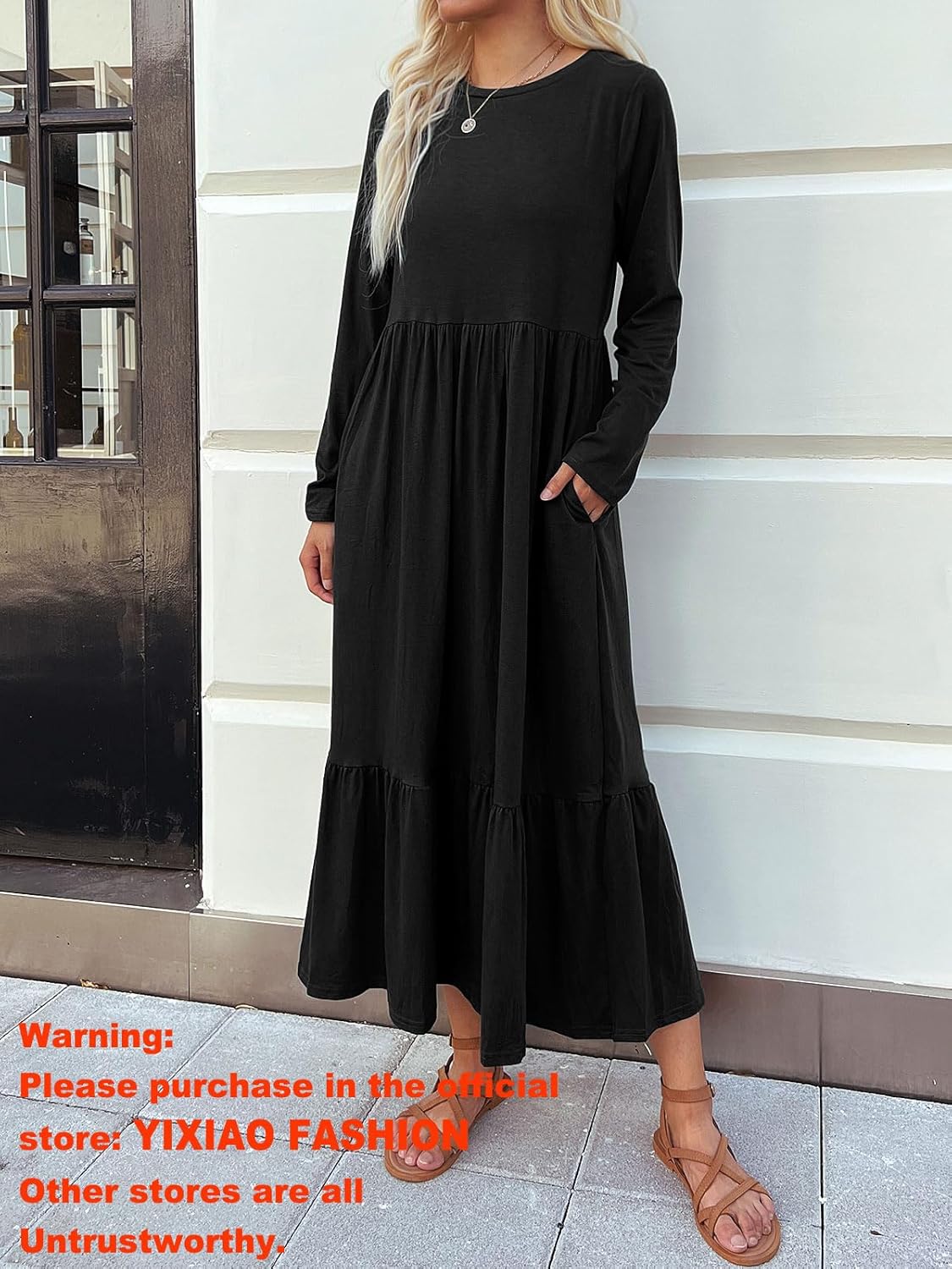 Women's Long Sleeves Maxi Dress Casual Loose Tiered Flowy Swing Beach Long Dresses with Pockets - Image 2