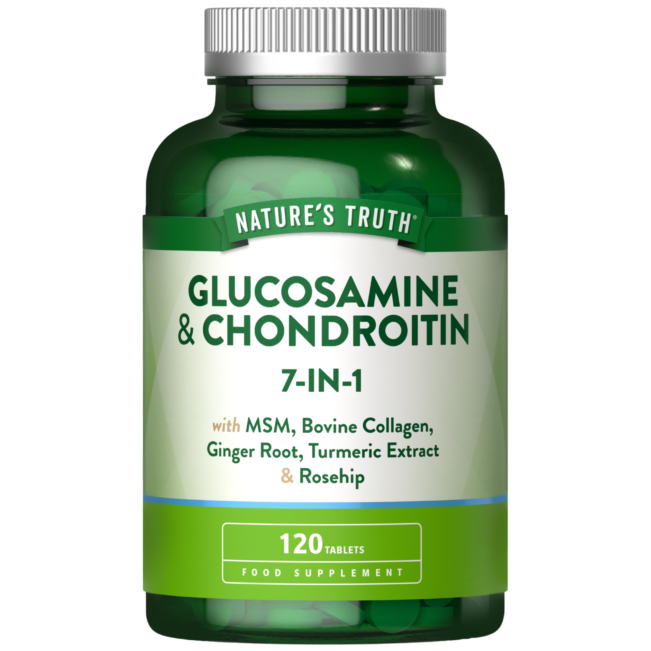 Glucosamine and Chondroitin High Strength 7-in-1 | 1200mg Complex with MSM, Bovine Collagen, Ginger Root, Turmeric Extract, and Rosehip | 120 Tablets | Nature's Truth