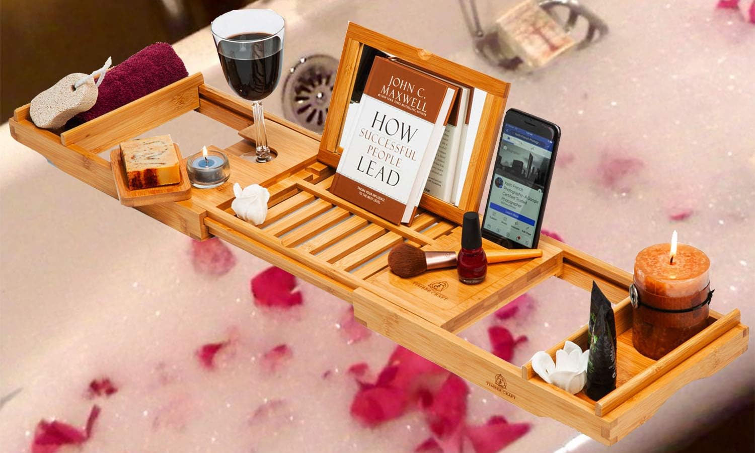 Timbercraft Premium Bamboo Bathtub Caddy Tray with Mirror & Free Soap Dish - Supreme Luxury - Water & Mildew Resistant