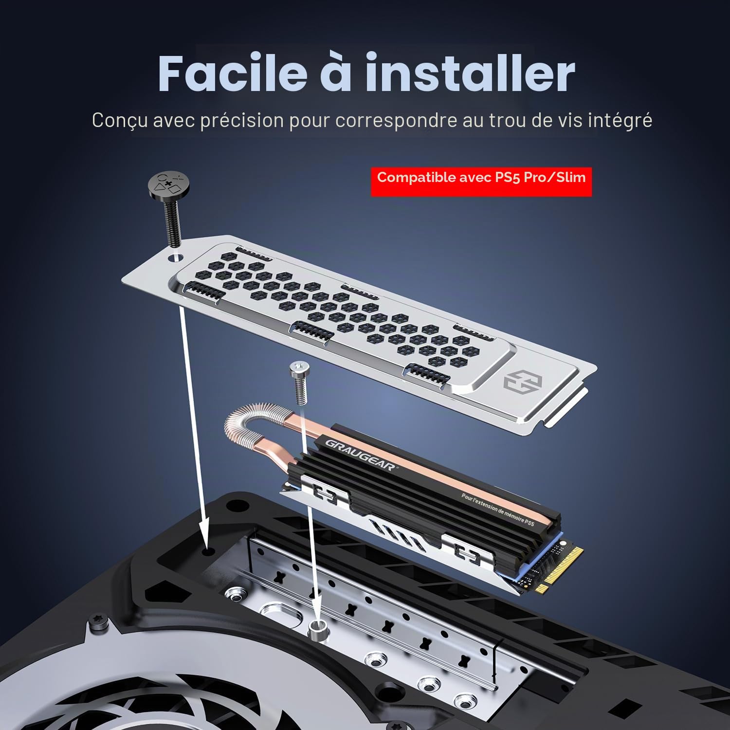 GRAUGEAR dissipateur thermique HeatPipe pour SSD M.2 NVMe (2280), PS5 Pro et PS5 Slim, pour extension de mémoire Playstation, avec couvercle anti-poussière