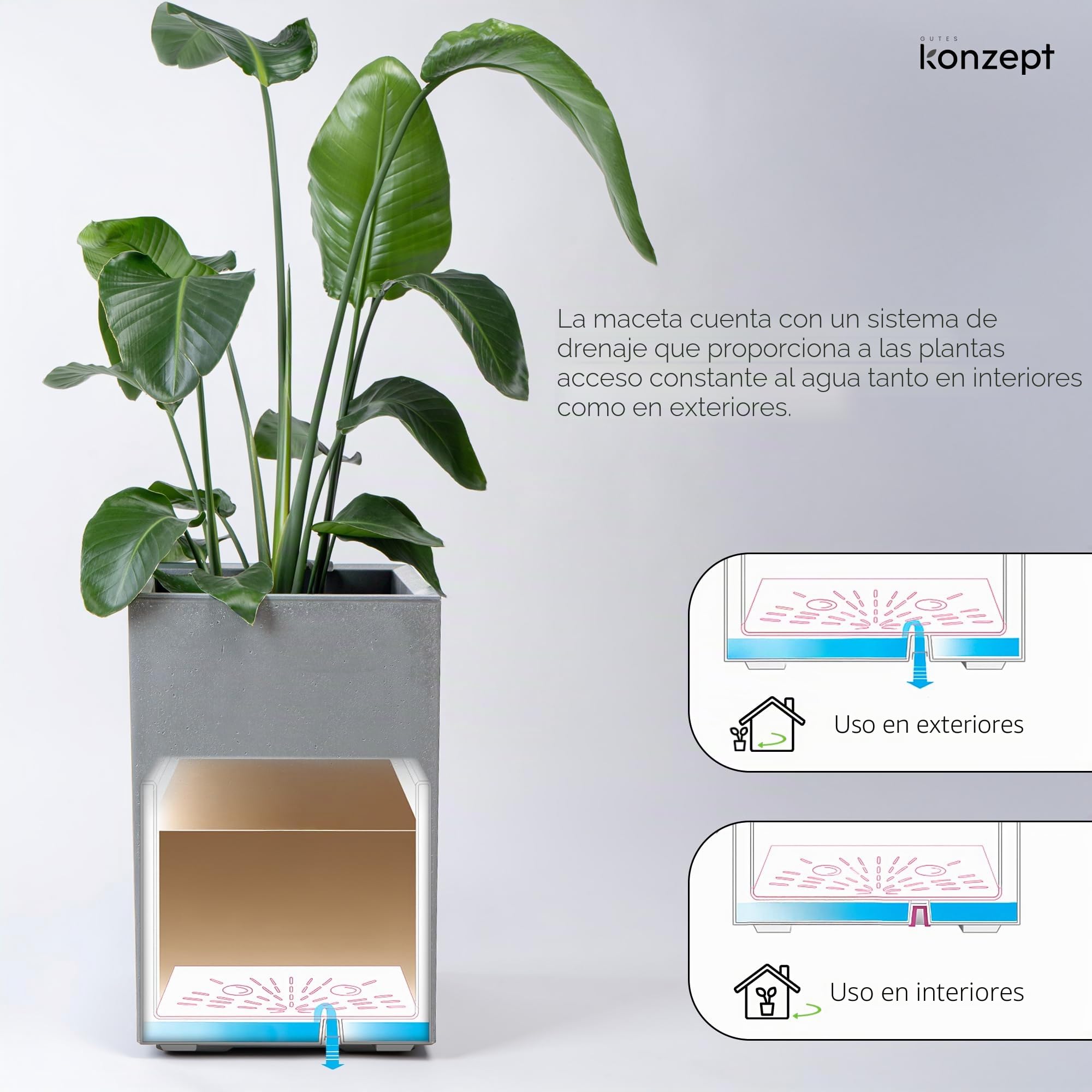 KONZEPT Macetero grande con ruedas para interior y exterior, 40 × 40 × 60 cm, color gris con aspecto de hormigón, de material 100% reciclado, ideal para salón, jardín y terraza