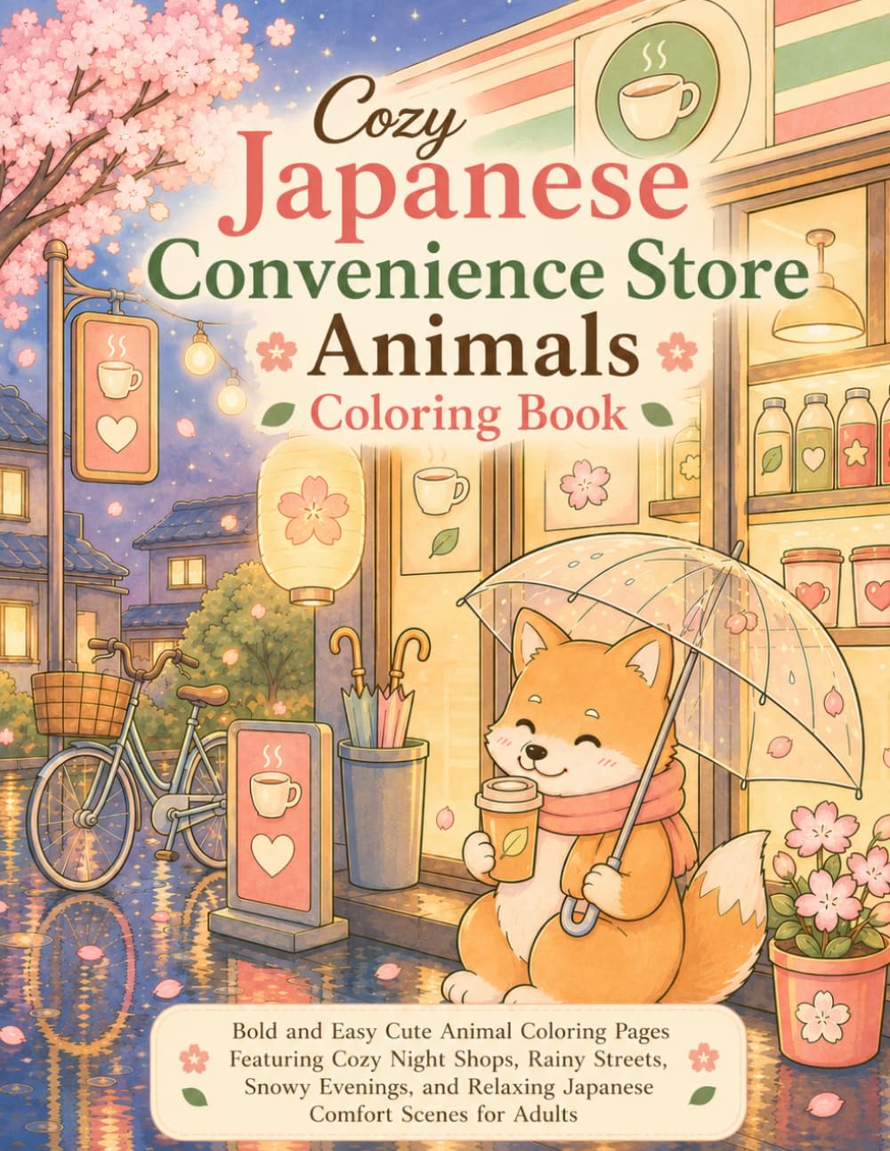 Cozy Japanese Convenience Store Animals Coloring Book: Bold and Easy Cute Animal Coloring Pages Featuring Cozy Night Shops, Rainy Streets, Snowy ... Relaxing Japanese Comfort Scenes for Adults