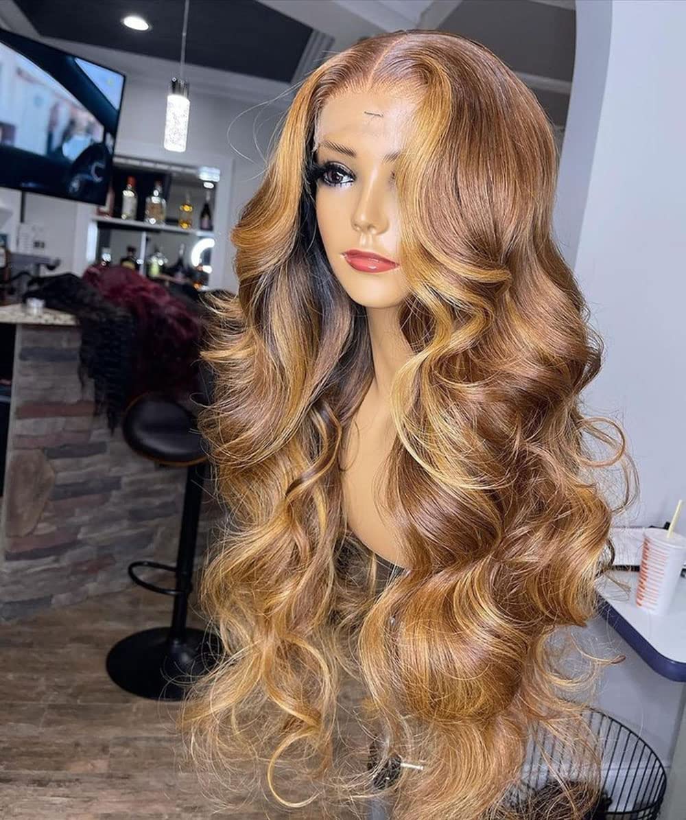 16 Inches Glueless 4/27 Ombre Lace Front Wig Human Hair 13×6×1 T Part Honey Blonde Wig Pre Plucked Highlight Wigs for Black Women Human Hair Brazilian Remy Hair (16 Inches 150 Density)