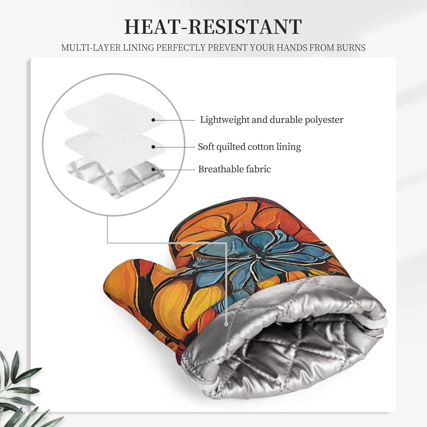 Flower Stained Glass Oven Mitts and Pot Holders Set of 4 Heat Resistant Kitchen Gloves with Silicone Palm Hot Pads for Baking Cooking Grilling BBQ