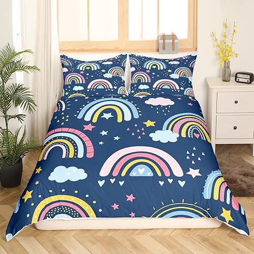 Feelyou Juego de ropa de cama con diseño de arco iris para niñas, nubes y estrellas, funda de edredón para niños y niños, estilo de dibujos