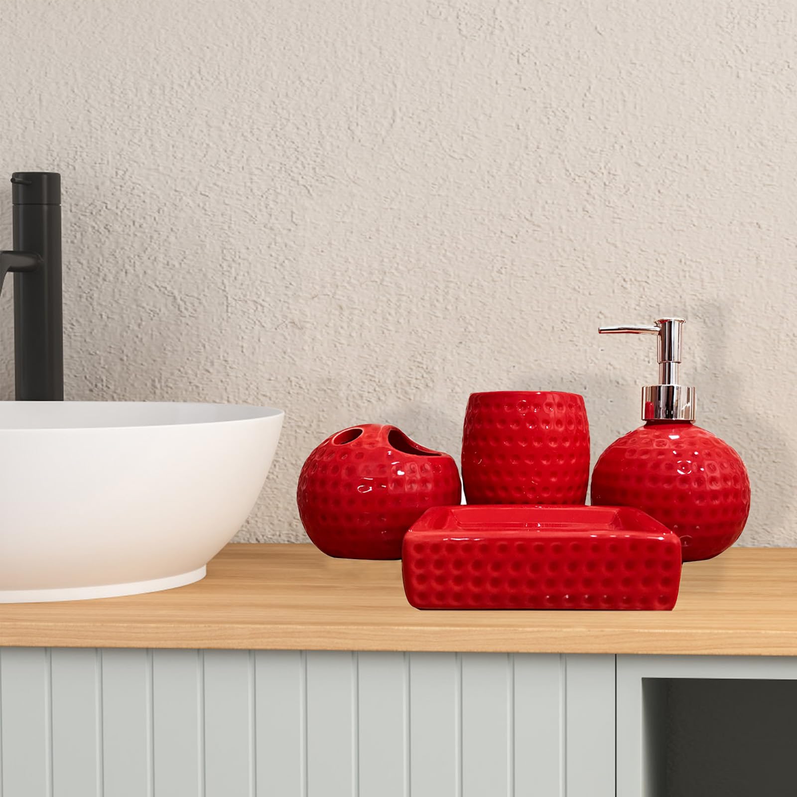 Juego de accesorios de baño de cerámica roja de 4 piezas con soporte para cepillo de dientes, dispensador de loción, jabonera, taza