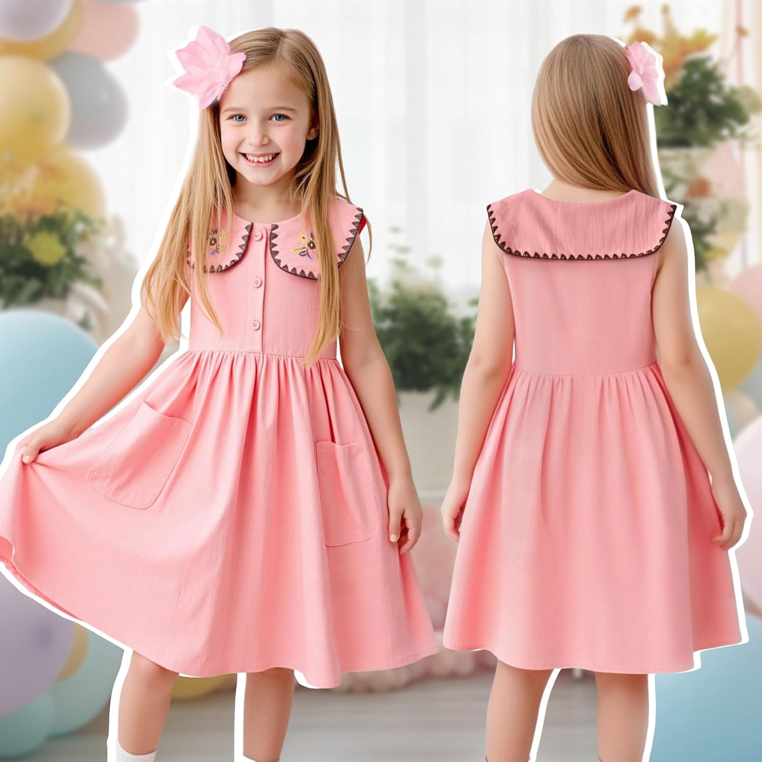 Little Bitty Girls Cotton Embroidered Peter Pan Collar Sleeveless Summer Party Birthday Sunshine A line Dress 2-6 Years - Image 7