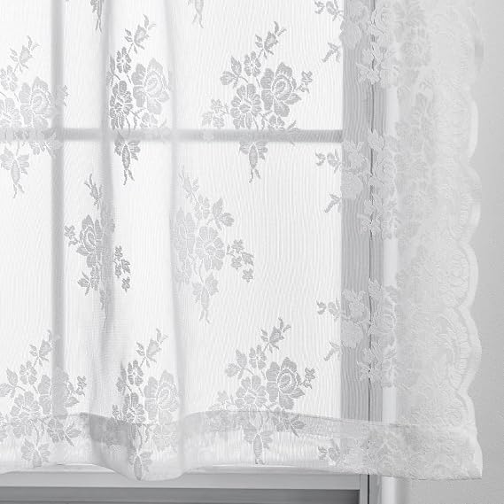 Kotile White Lace Tier Curtains for Window Rustic Floral W26xL30 Inch 2 Pcs