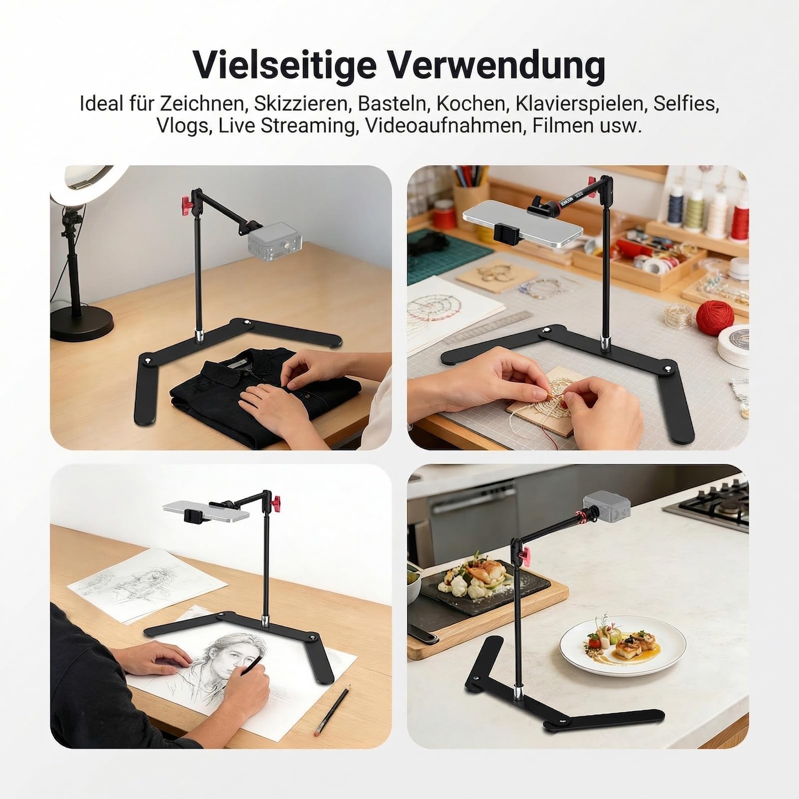NEEWER Overhead Handystativ mit Doppelkugelkopf und schwenkbarem Boom Arm, stoßdämpfende Tischklemmen Handyhalterung Ständer mit klappbarem Sockel für Klavier Kochen Zeichnen Live Streaming, DS026