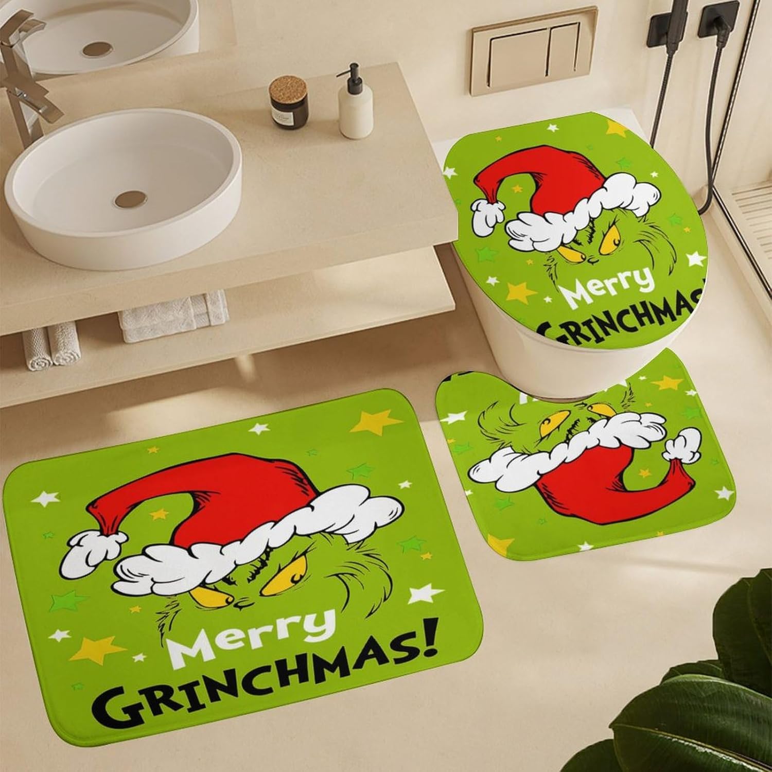 Christmas 4PCS Shower Curtain Set with Non-Slip Mat,Toilet Lid Cover,and Bath Mat, Polyester Fabric Shower Curtain with 12 Hooks,Durable Bathroom Decor Set 72 * 72INCH