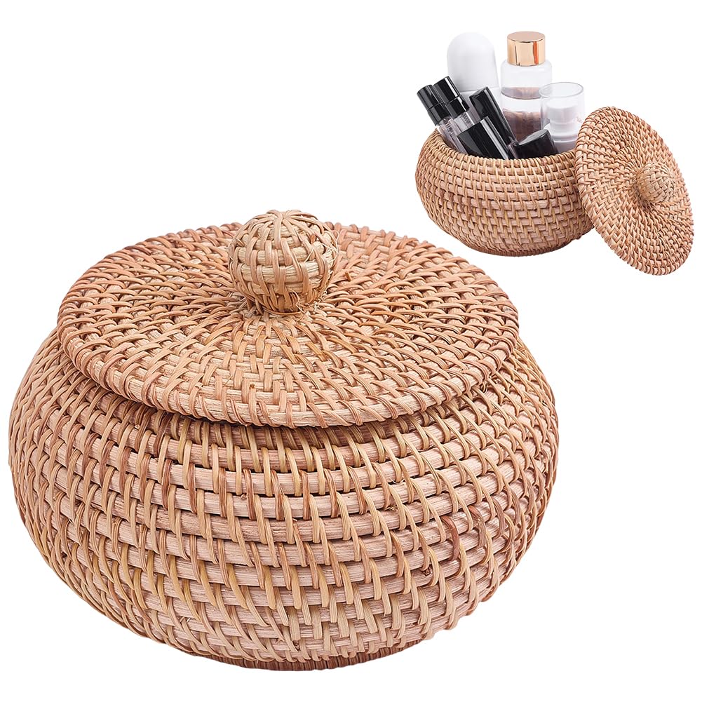 Boîte stockage rattan ronde WADORN avec couvercle pour étagère