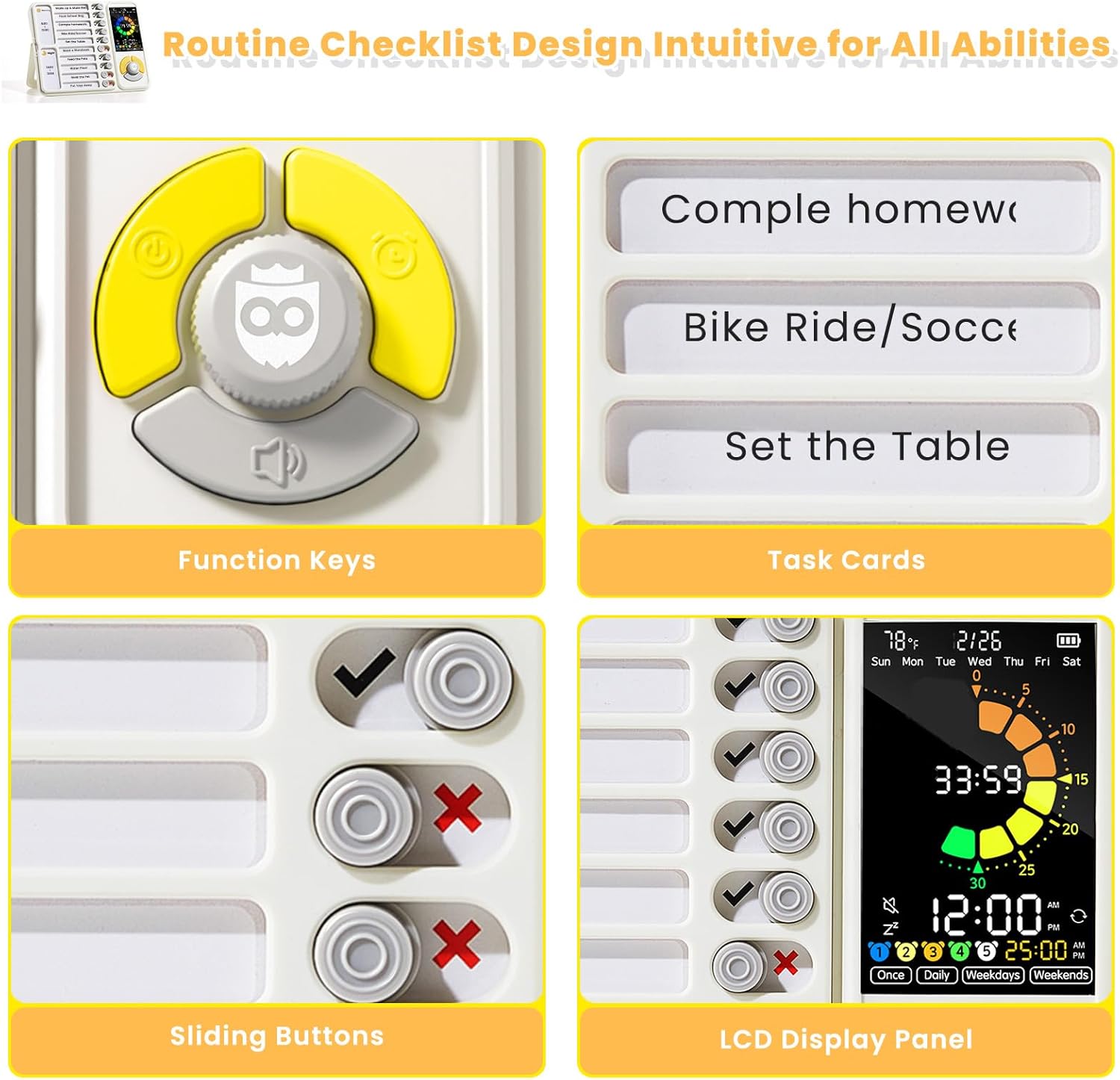 5 IN 1 Visual Timer for Kids/Adults with Chore Chart, ADHD Tools 12/24H Silent Task Timer and Pomodoro Timer, ADHD & Autism Sensory Products, Visual Schedule for Kids Back to School Supplies Off-white