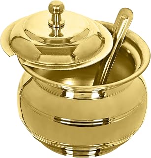 KC Golden Antique Brass Multipurpose Ghee Pot/Pickle Container 250 ML with Embossed Designer Spoon