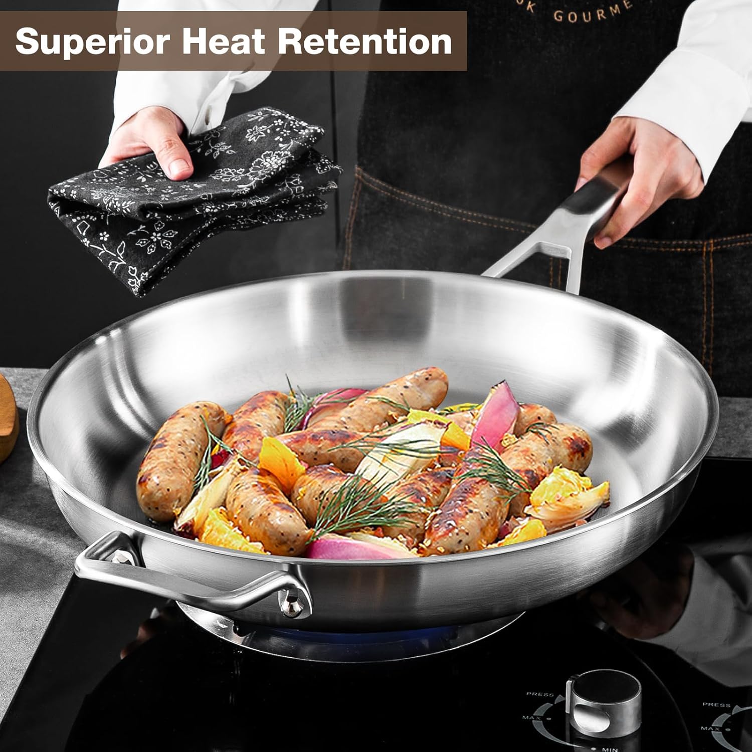 Stainless Steel Pan,14 inch Frying Pan, Heavy Duty, Large Frying Pan, Fast & Even Heating, Up to 650°, Oven & Dishwasher Safe,Compatible with All Cooktops - Image 6