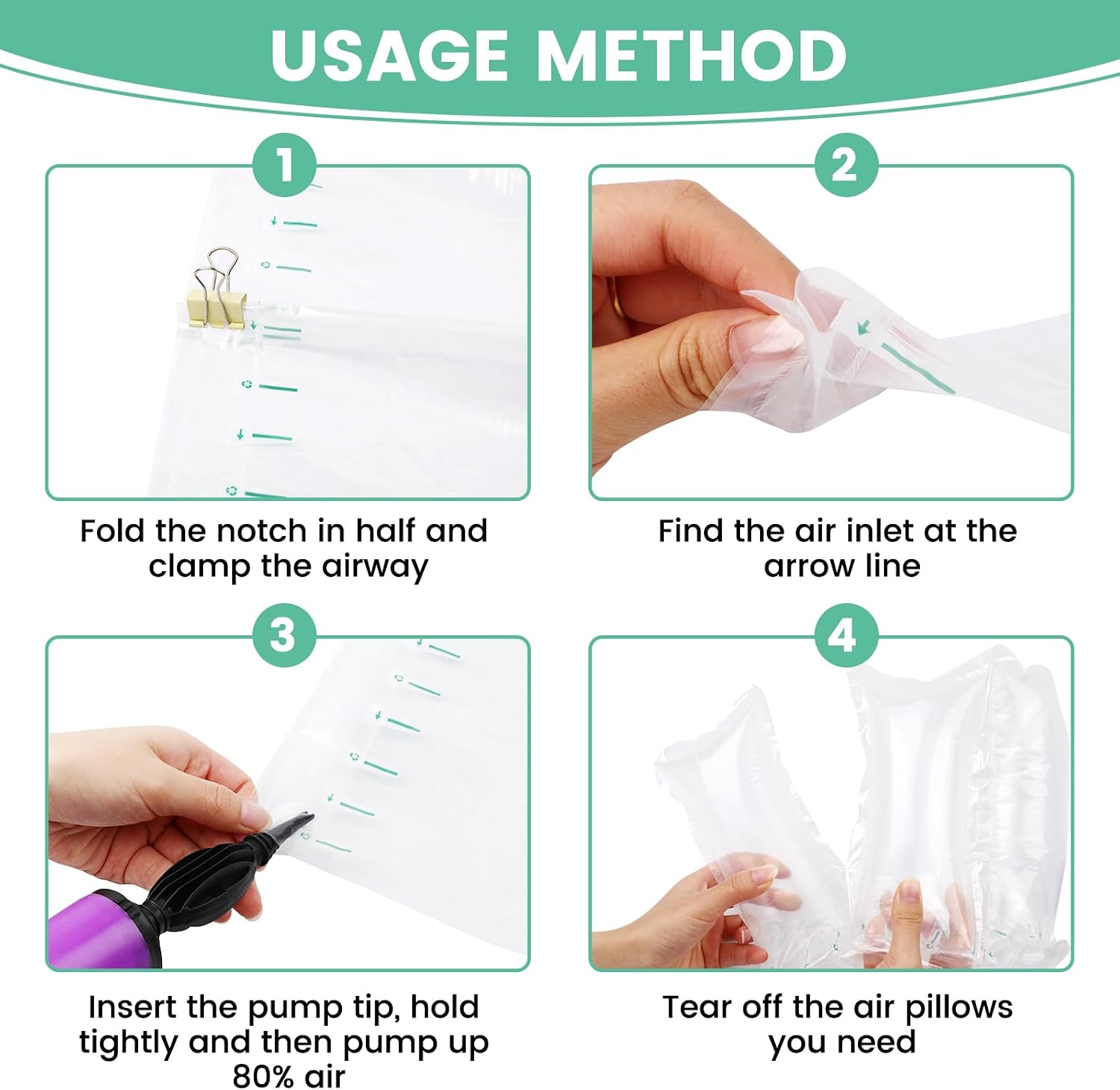 Air Pillows for Shipping Inflatable Air Bags for Packing with pump, 500 Count Packaging Filler Shipping Supplies Alternative to Packing Peanuts, Purse Stuffers for Shape 4.72" x 9.84"