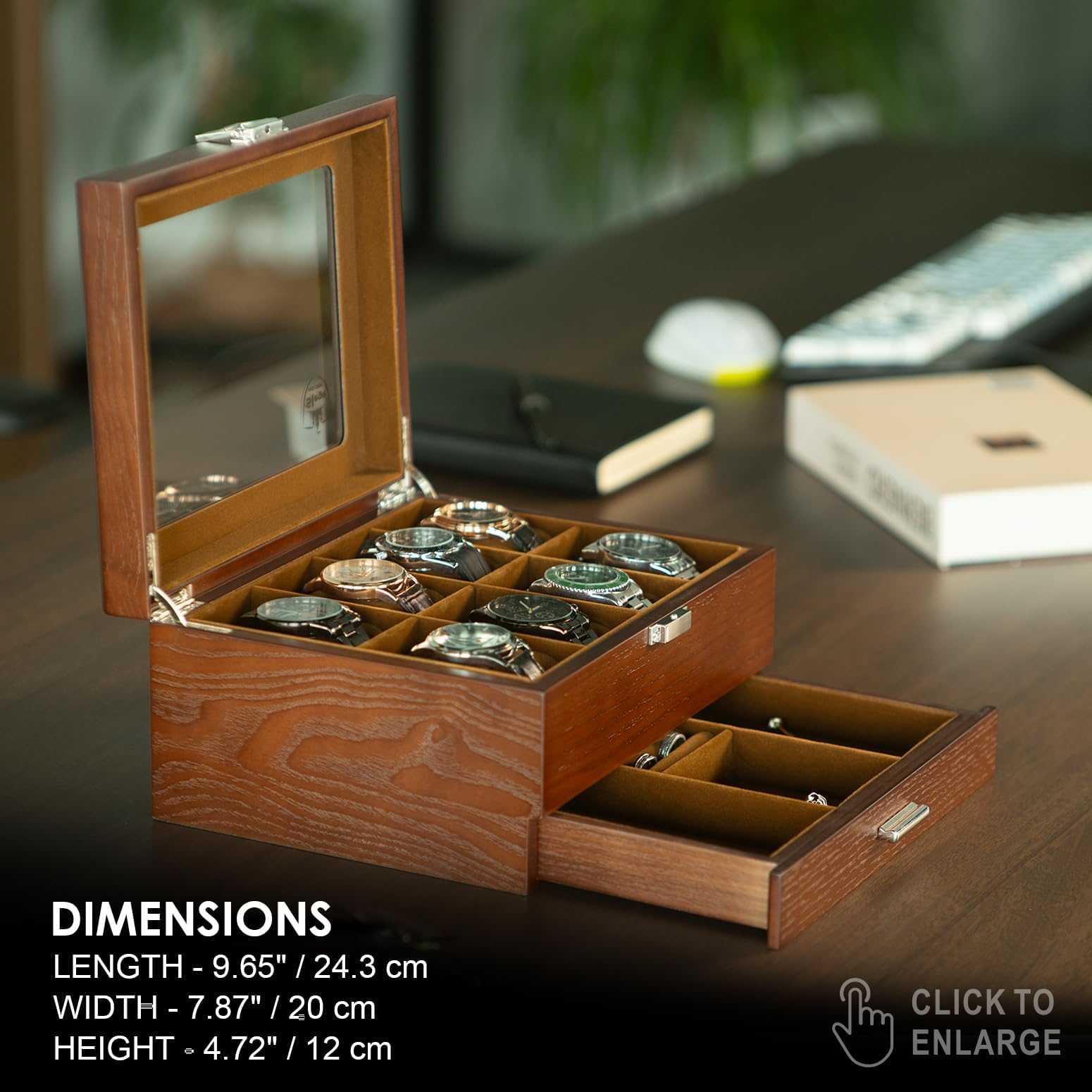 Slege Porta Orologi in Legno a 8 Posti,Scatola Portaorologi a 2 Livelli,Fatto Mano Elegante Scatola per Orologi,Coperchio in Vetro,Fodera Morbida,Cuscini Rimovibili,Regalo per Uomini e Donne,Watch Box