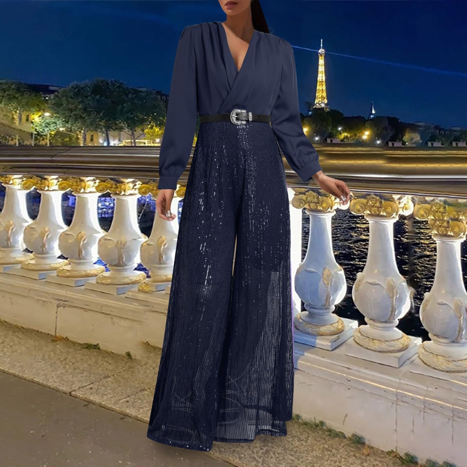 Jumpsuit Damen Elegant Lang, Hosenanzüge Für Damen Einfarbig Mit Ärmeln Overall Schicke Hosenanzüge Romper Lose Damen-Overalls Regular Locker Hosen Anzug Hochzeitsgast Outfit Weites Bein Playsuit