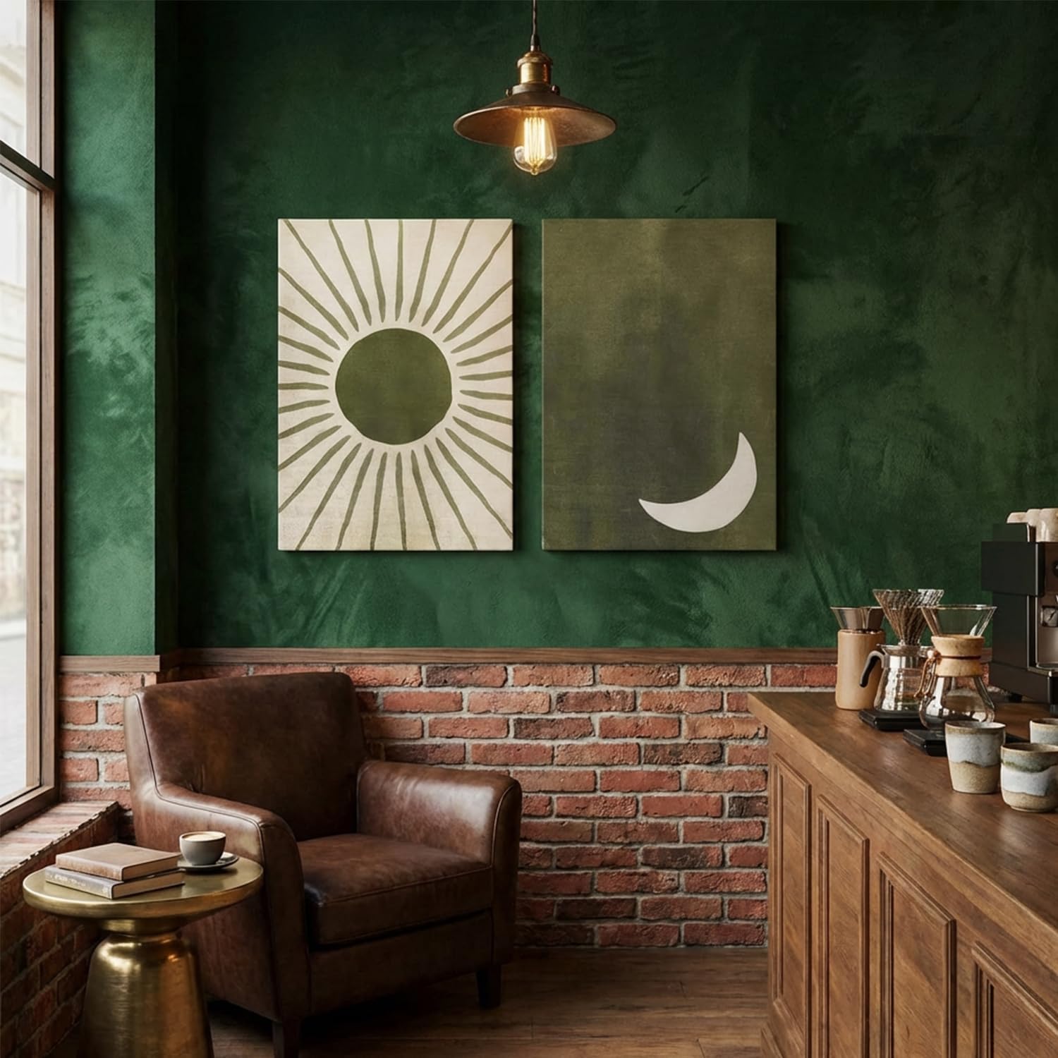 Boho Sun and Moon Canvas Wall Art Set of 2 Sage Green Bohemian Paintings Prints Wall Decor Large Mid Century Modern Abstract Minimalist Pictures for Living Room Bedroom Office 12x16 inch Framed